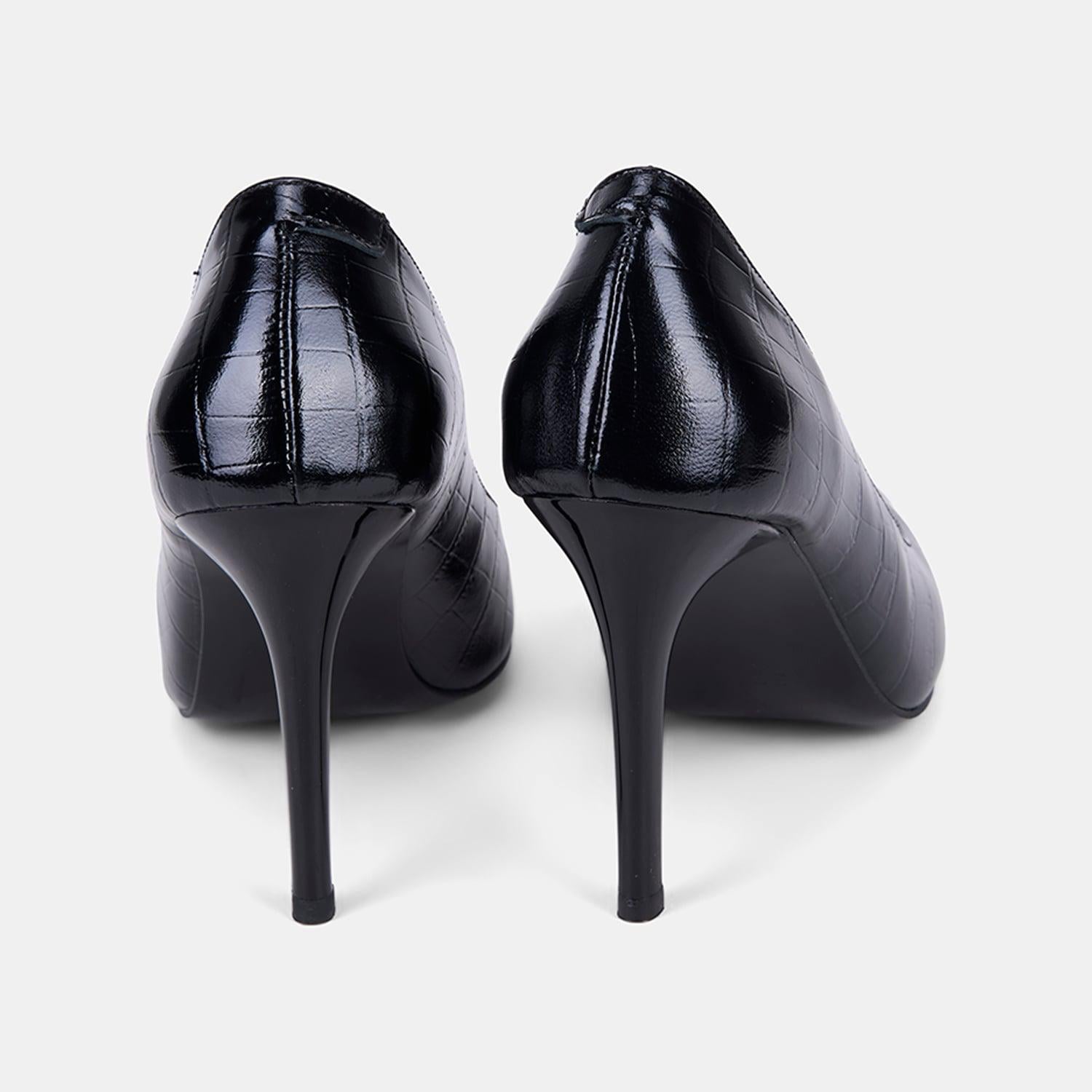 Kadın Siyah Kroko Baskılı Sivri Burunlu Klasik Deri Stiletto