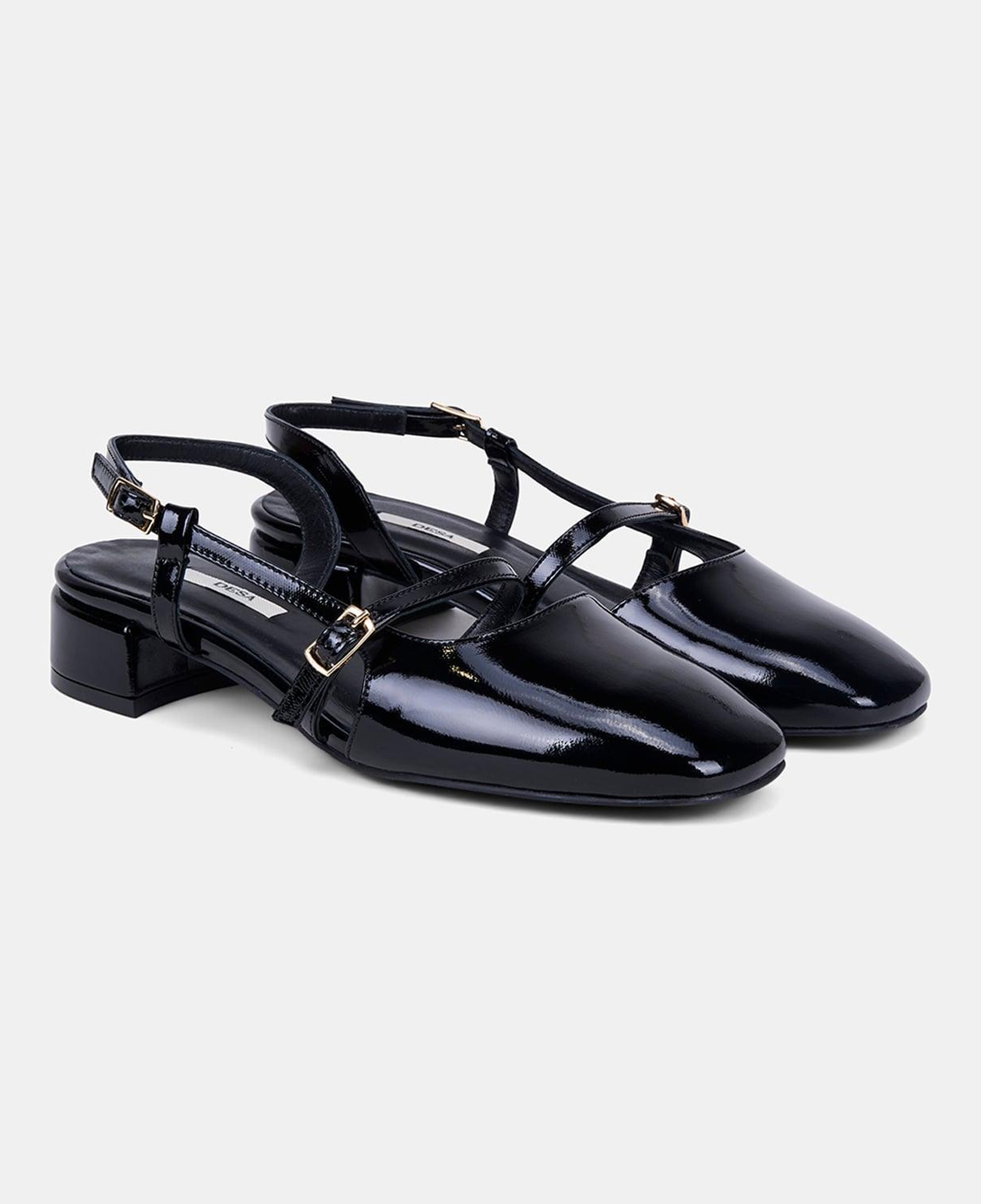 Kadın Siyah İnce Bantlı Slingback Kısa Topuklu Rugan Deri Ayakkabı