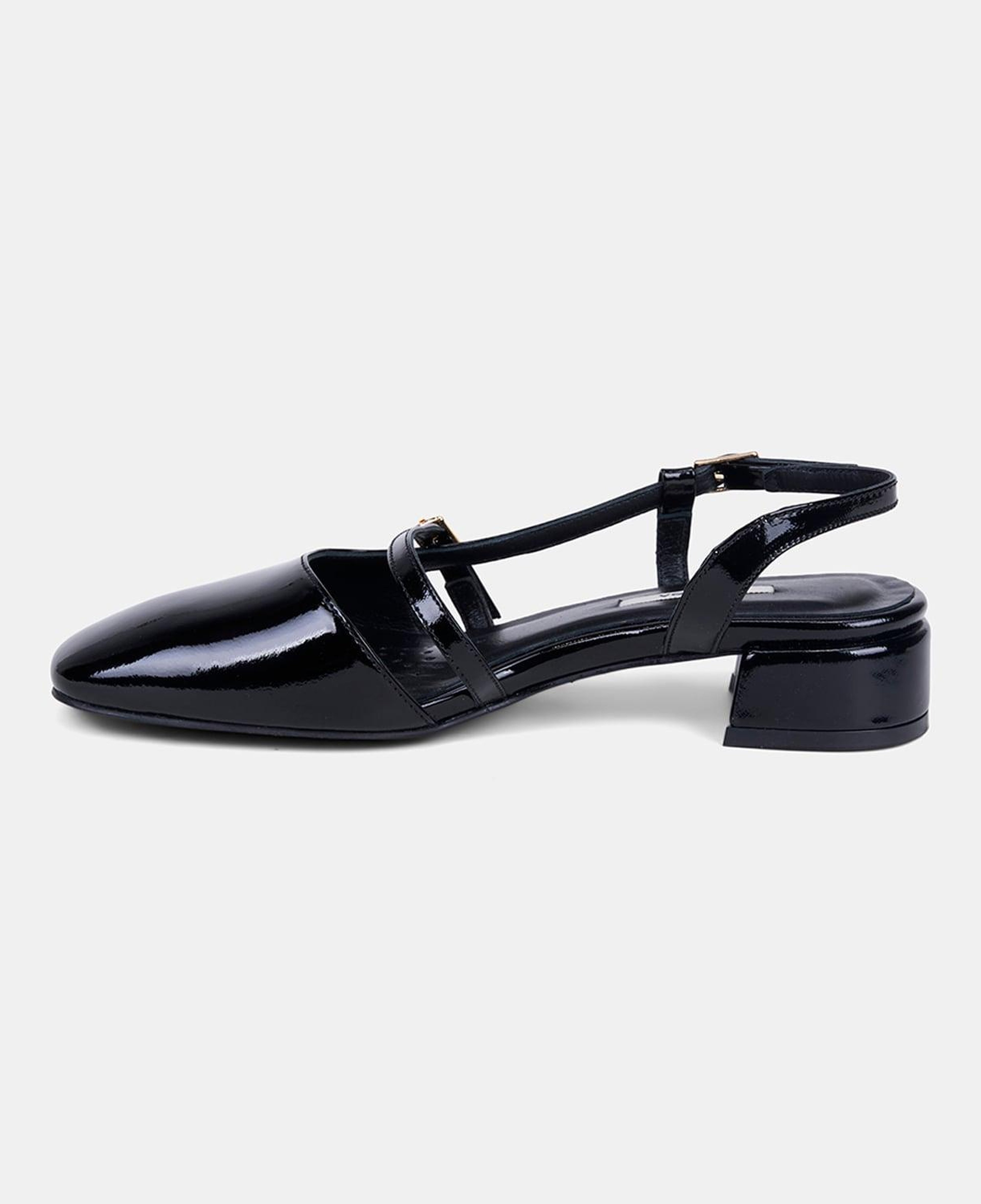 Kadın Siyah İnce Bantlı Slingback Kısa Topuklu Rugan Deri Ayakkabı