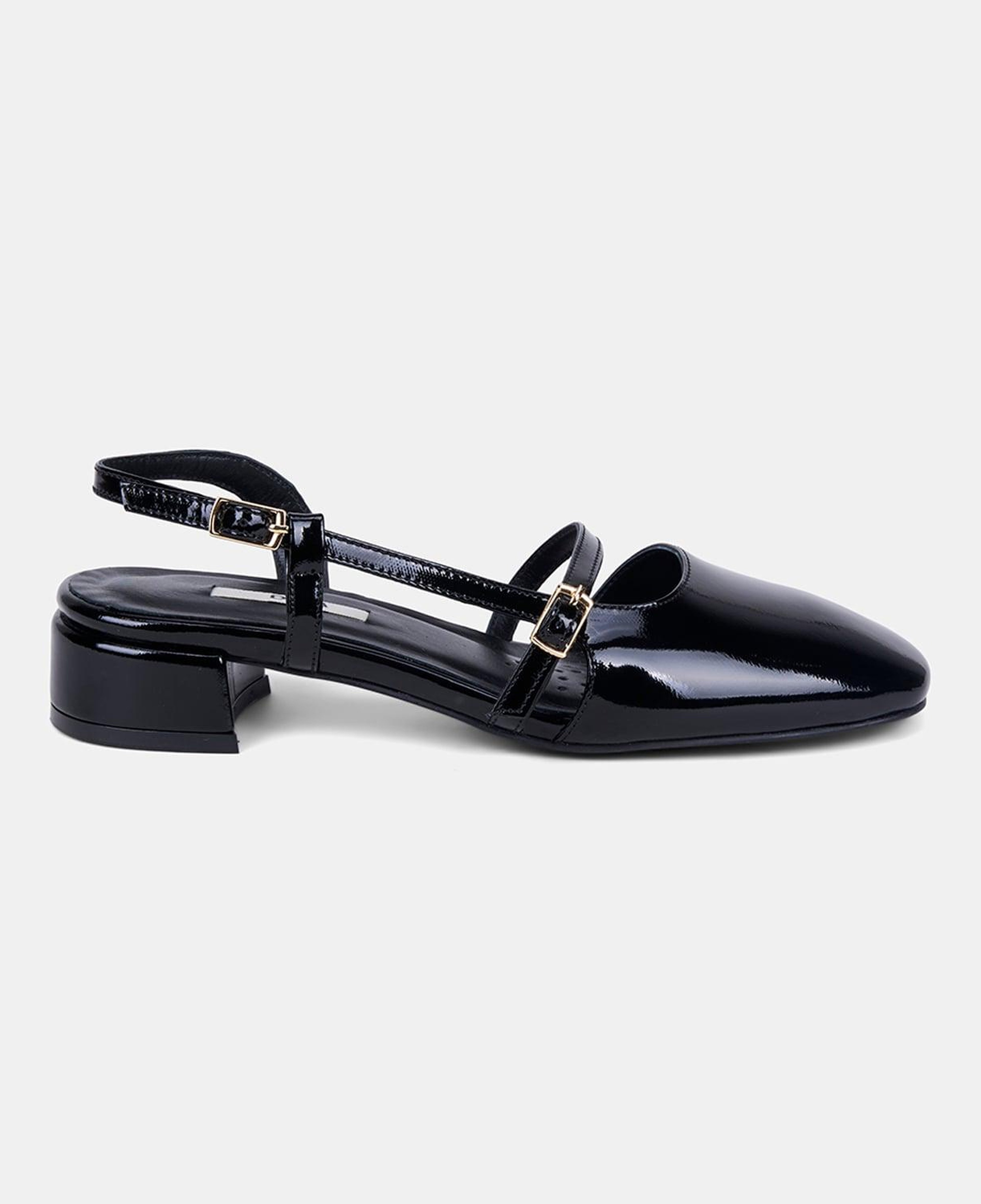 Kadın Siyah İnce Bantlı Slingback Kısa Topuklu Rugan Deri Ayakkabı