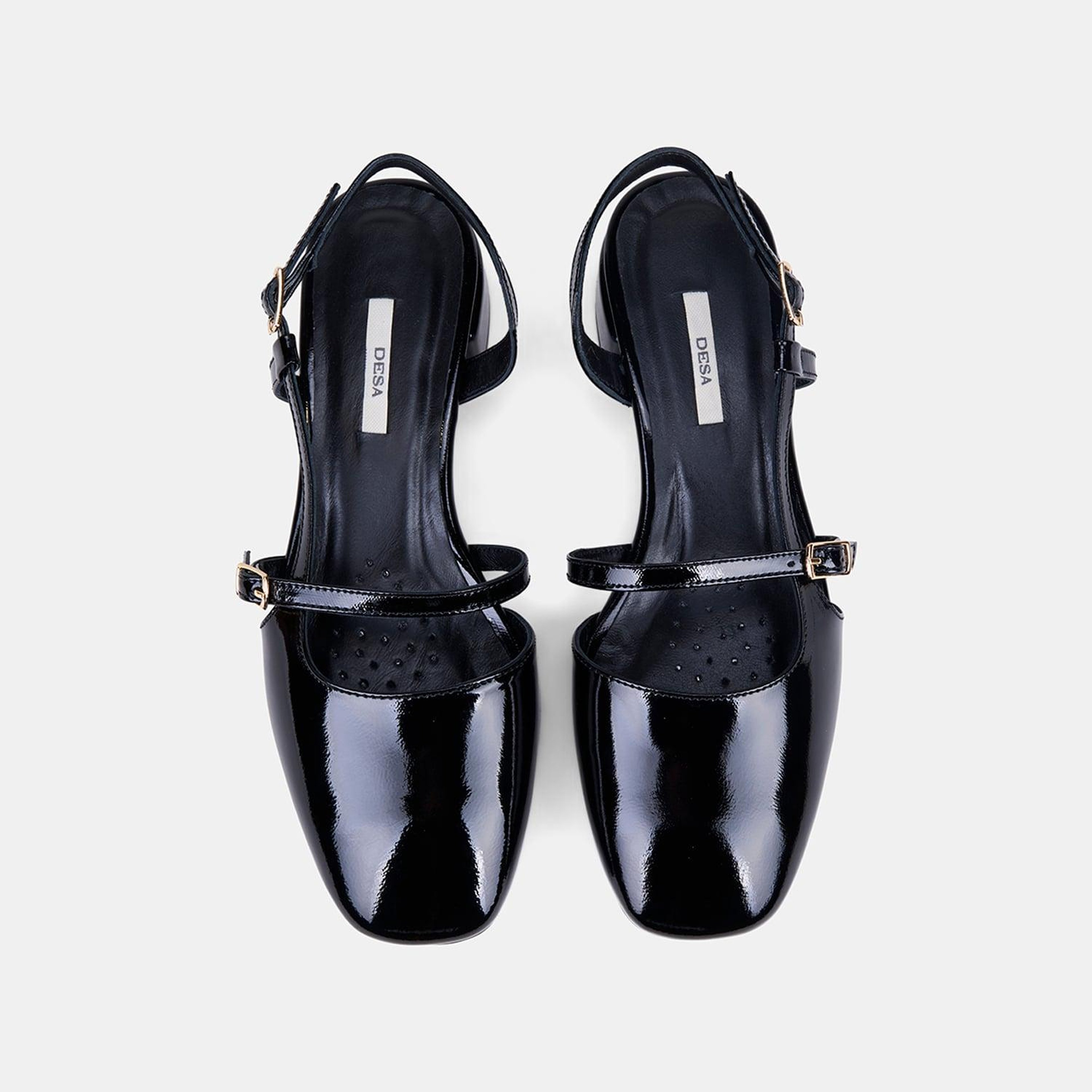 Kadın Siyah İnce Bantlı Slingback Kısa Topuklu Rugan Deri Ayakkabı