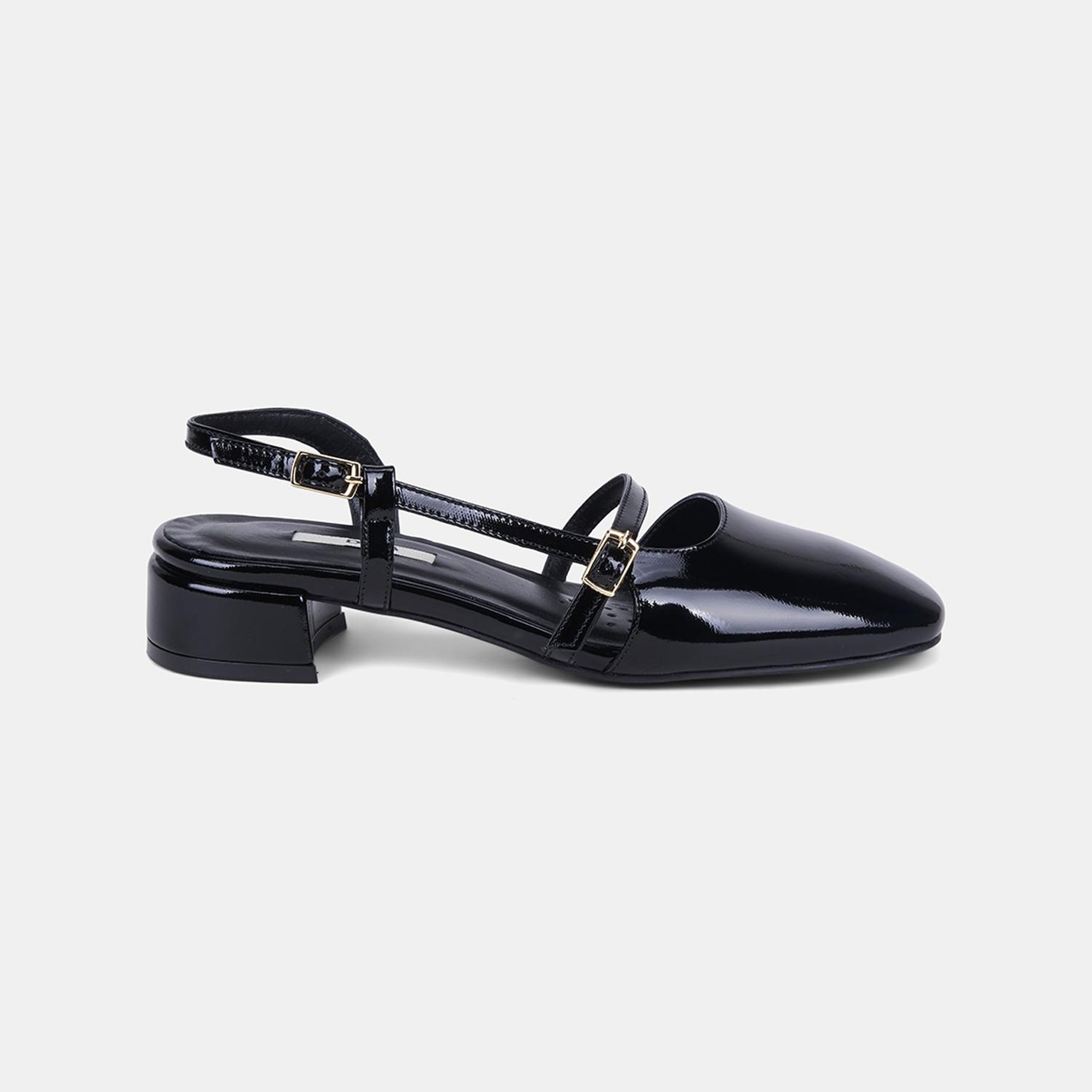 Kadın Siyah İnce Bantlı Slingback Kısa Topuklu Rugan Deri Ayakkabı