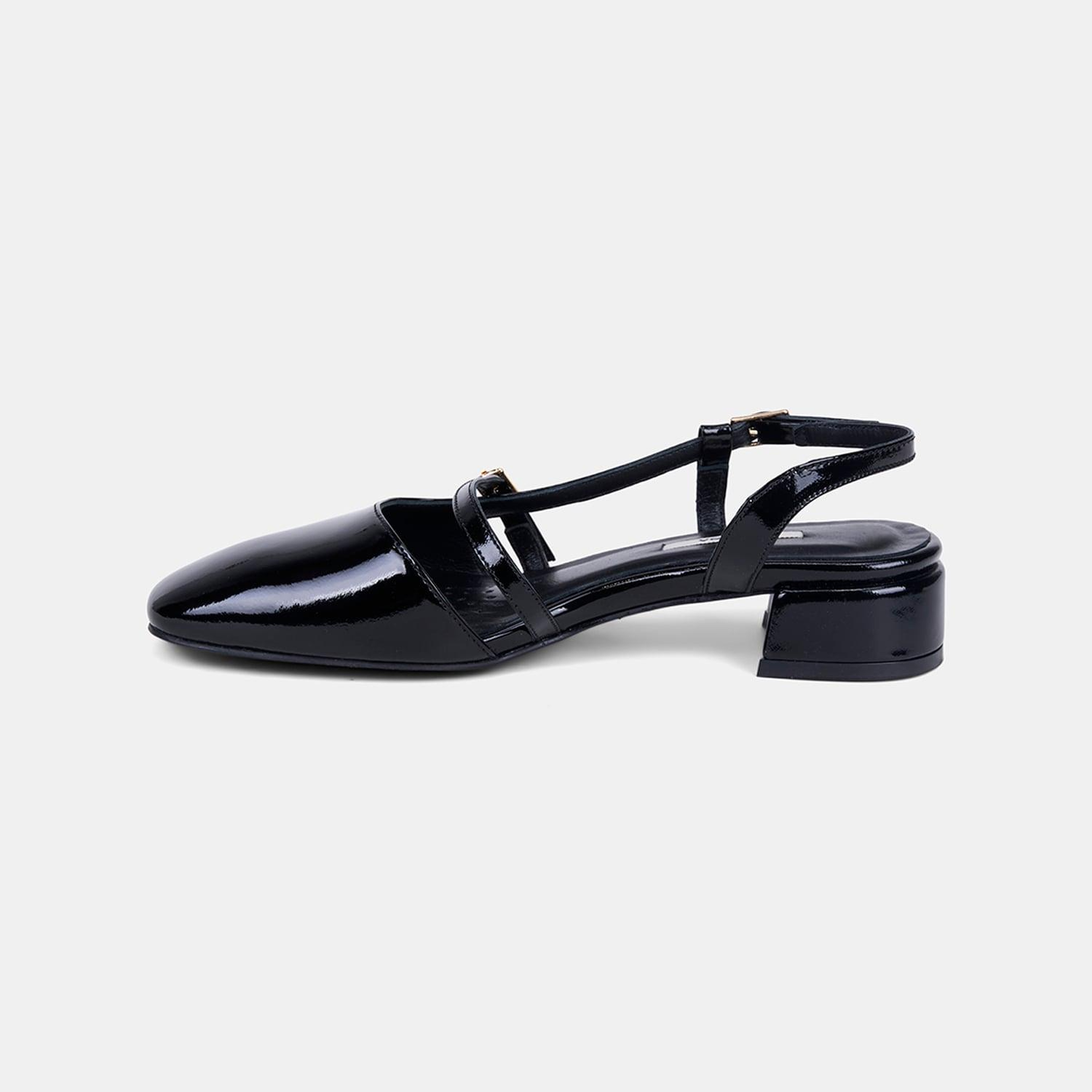 Kadın Siyah İnce Bantlı Slingback Kısa Topuklu Rugan Deri Ayakkabı