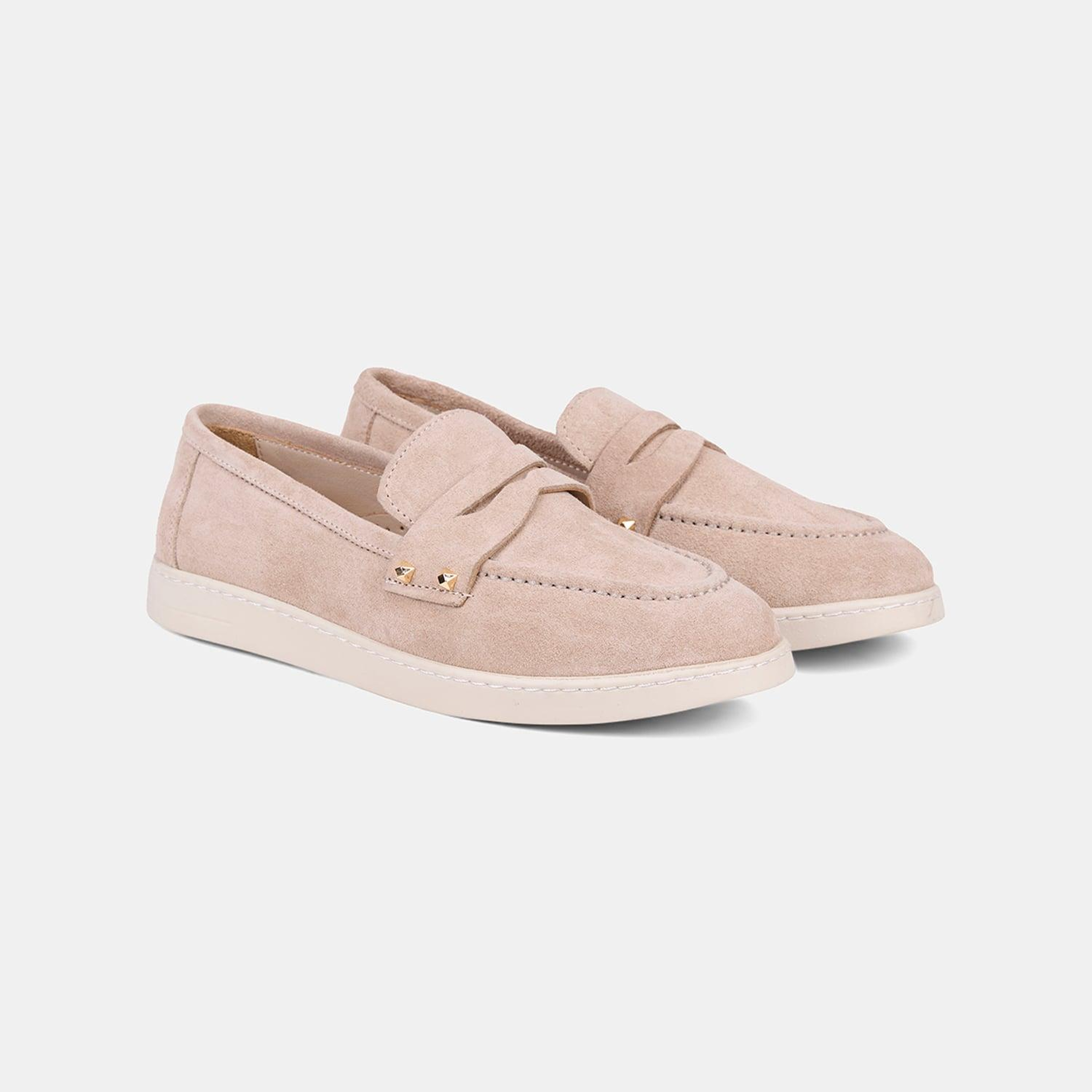 Kadın Bej Zımba Detaylı Süet Loafer