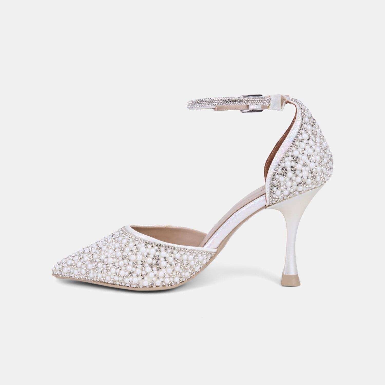 Kadın Beyaz İnci Taş Detaylı Tokalı Topuklu Gelin Ayakkabısı