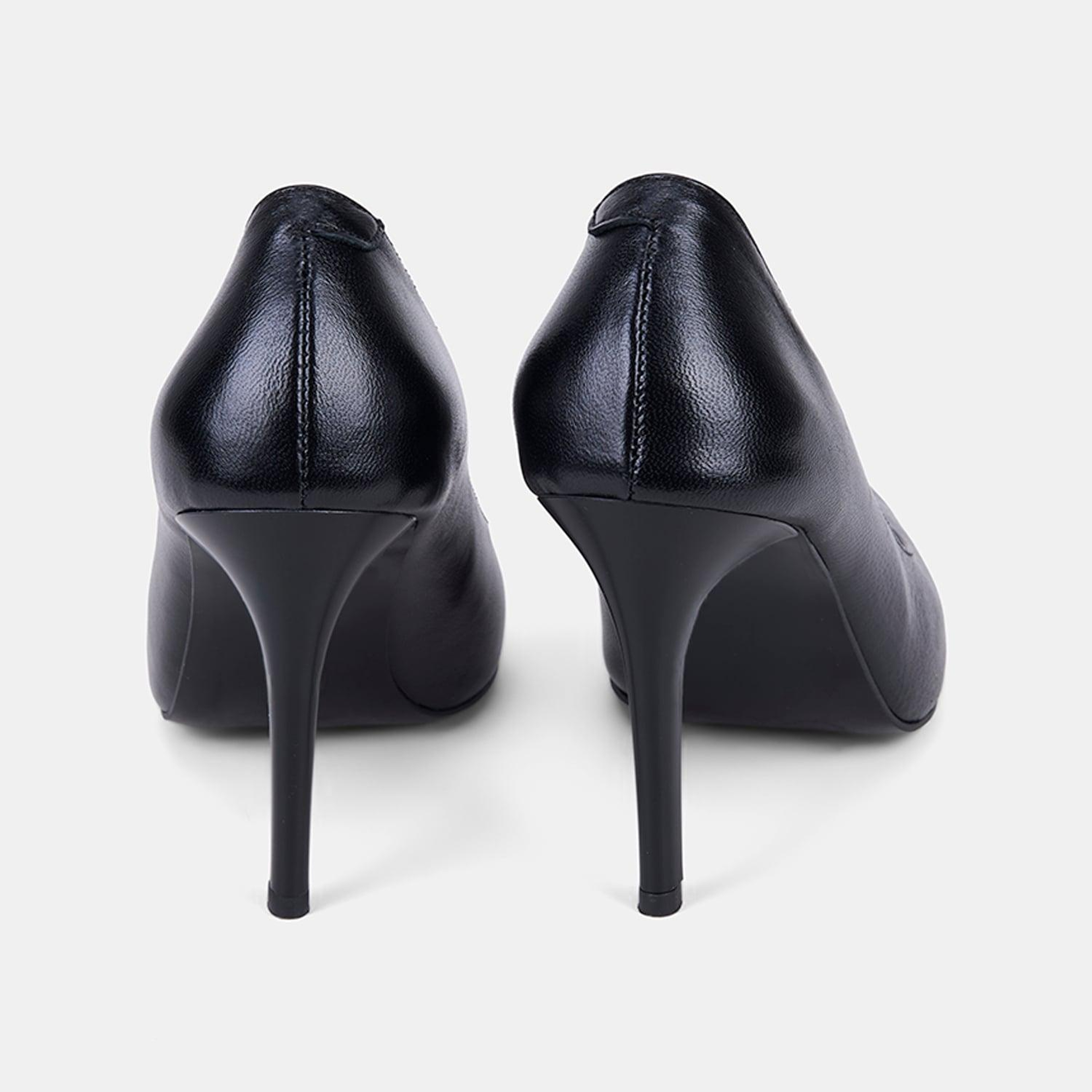 Kadın Siyah Sivri Burunlu Klasik Dokulu Deri Stiletto
