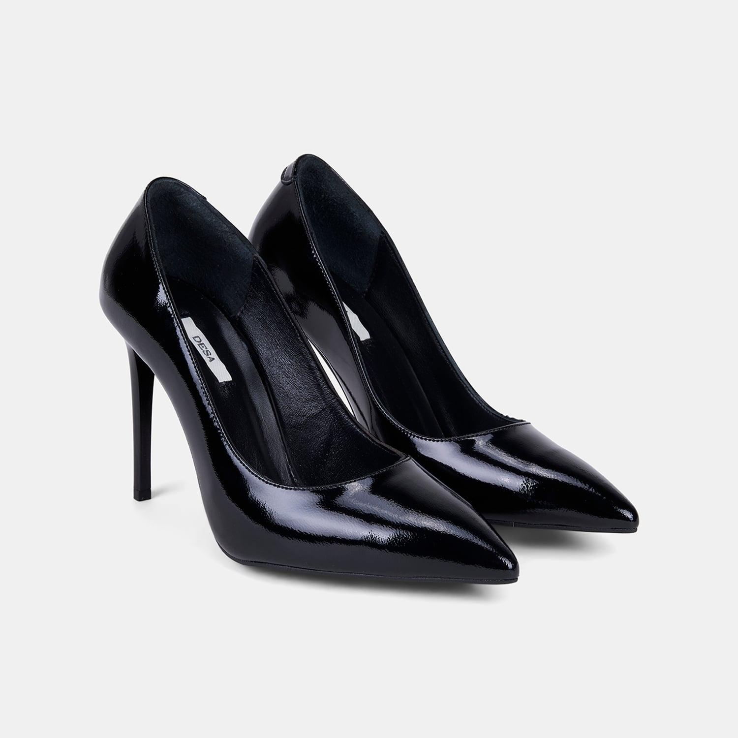 Kadın Siyah Sivri Burunlu Klasik Rugan Deri Stiletto