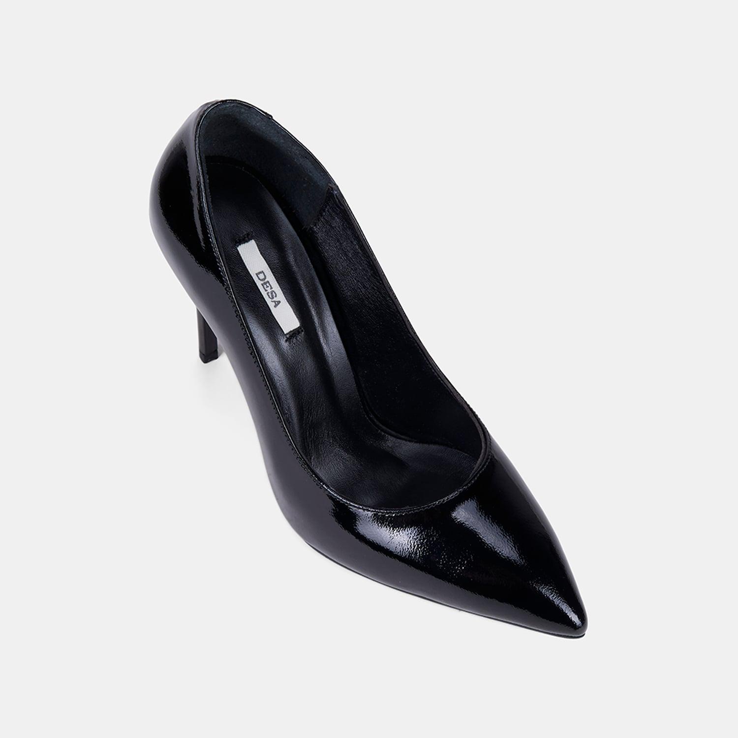 Kadın Siyah Sivri Burunlu Klasik Rugan Deri Stiletto