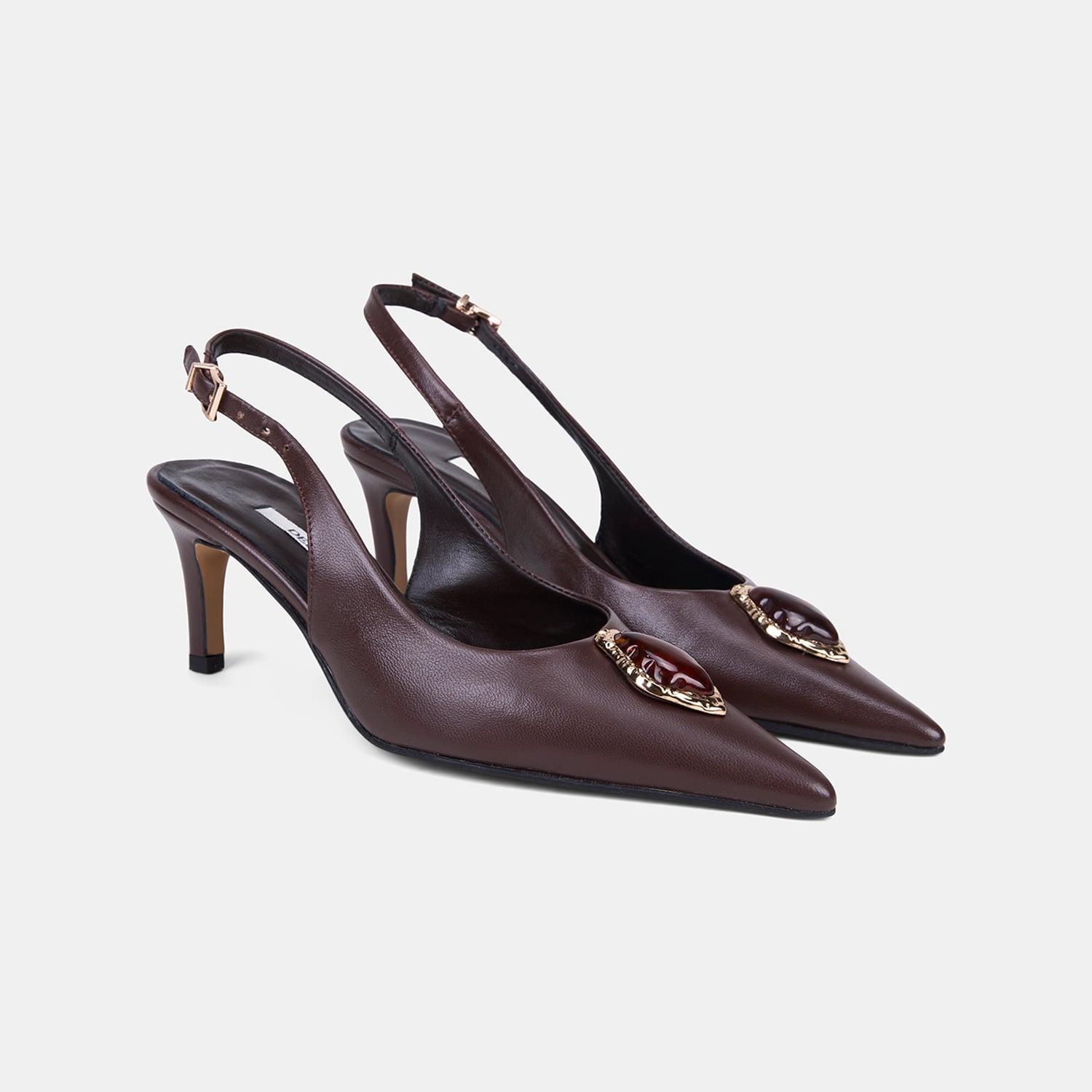 Kadın Acı Kahve Renkli Taşlı Slingback Deri Stiletto