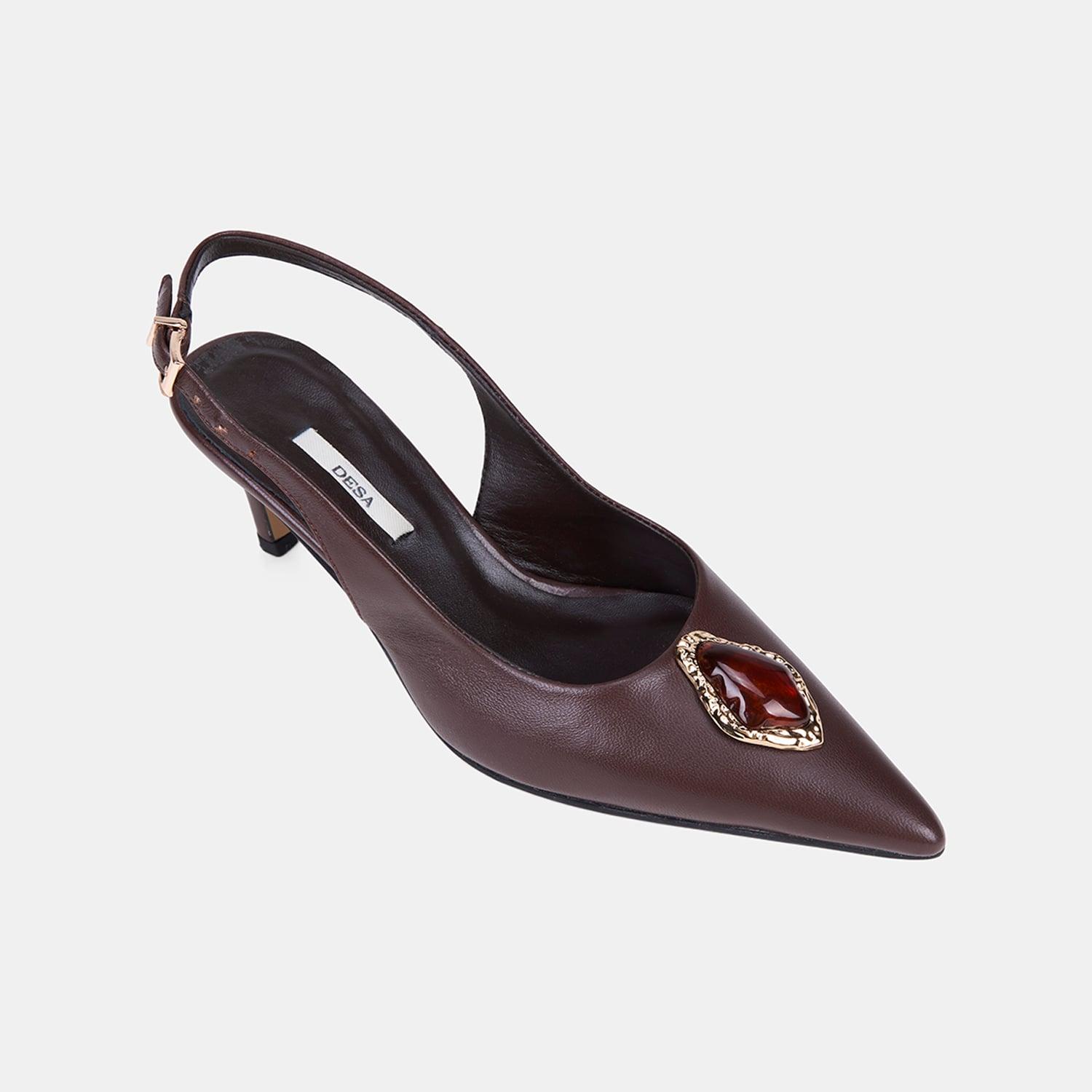 Kadın Acı Kahve Renkli Taşlı Slingback Deri Stiletto