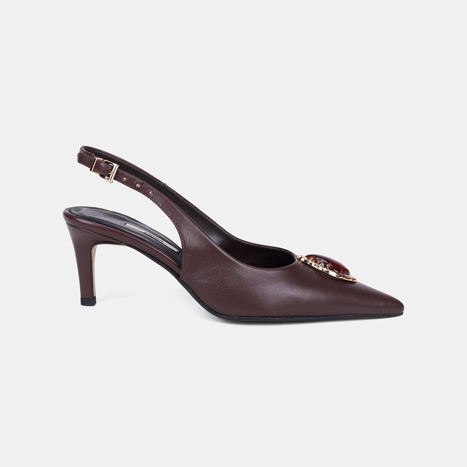 Kadın Acı Kahve Renkli Taşlı Slingback Deri Stiletto