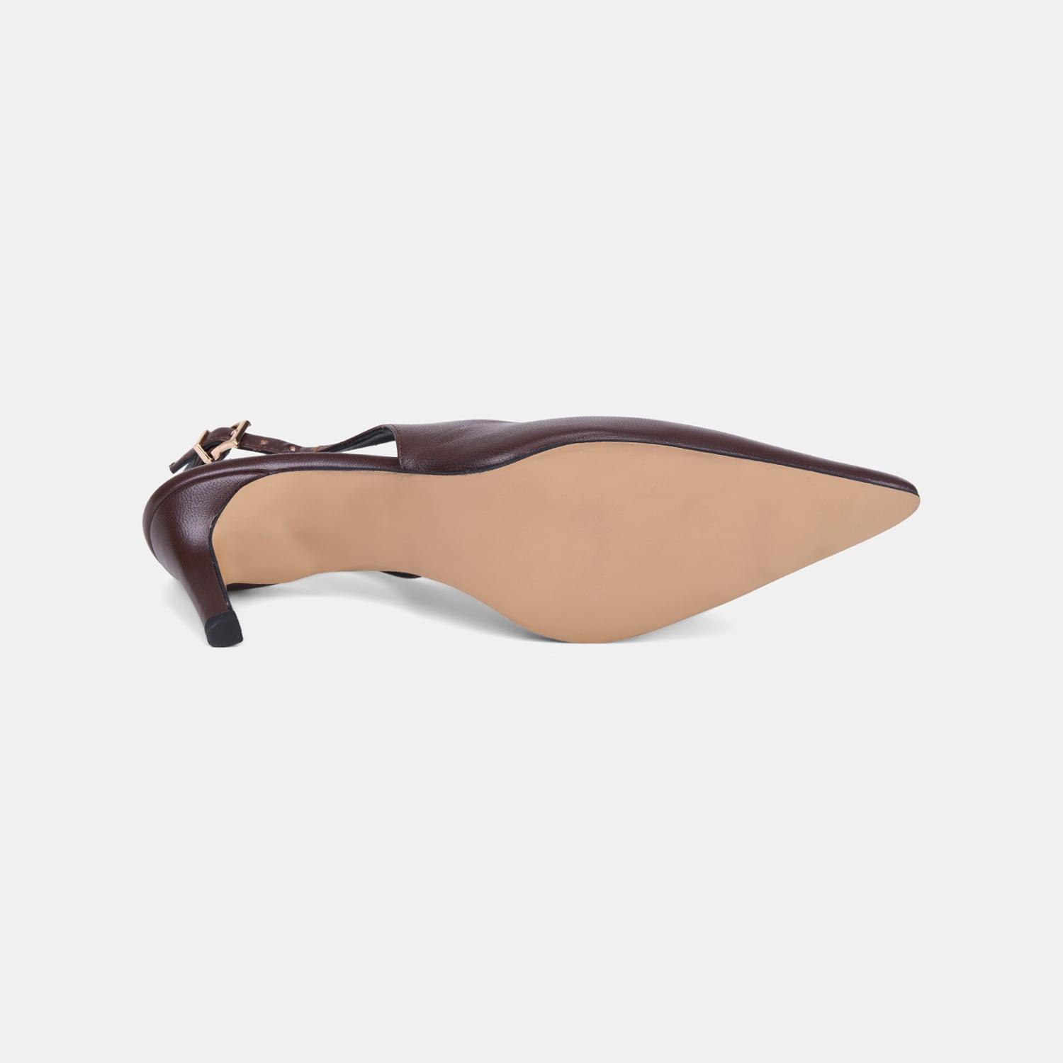 Kadın Acı Kahve Renkli Taşlı Slingback Deri Stiletto