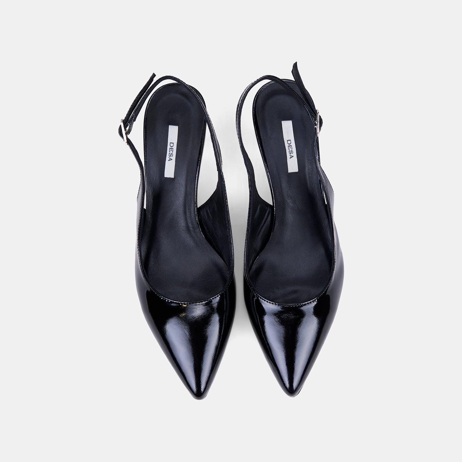 Kadın Siyah Slingback Sivri Burunlu Rugan Deri Stiletto