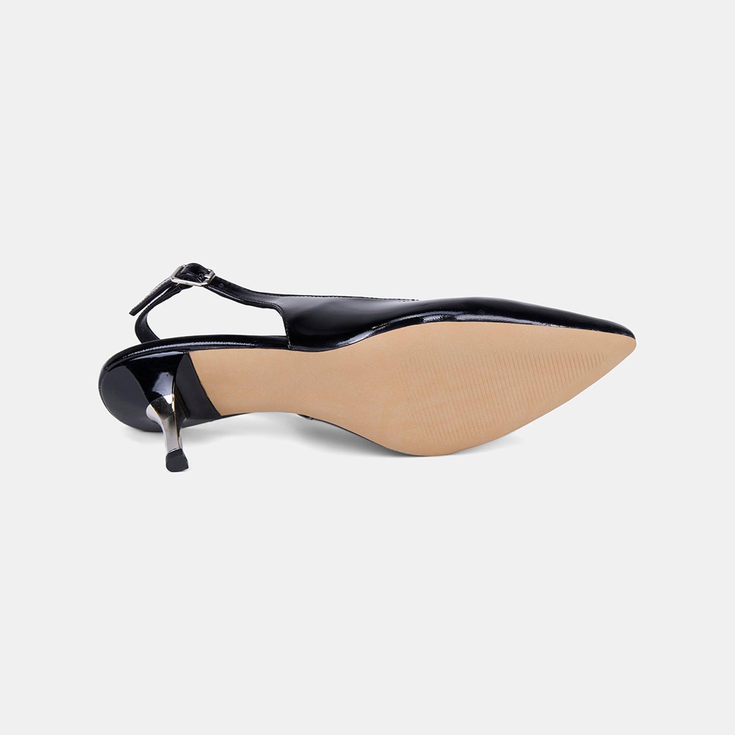 Kadın Siyah Slingback Sivri Burunlu Rugan Deri Stiletto