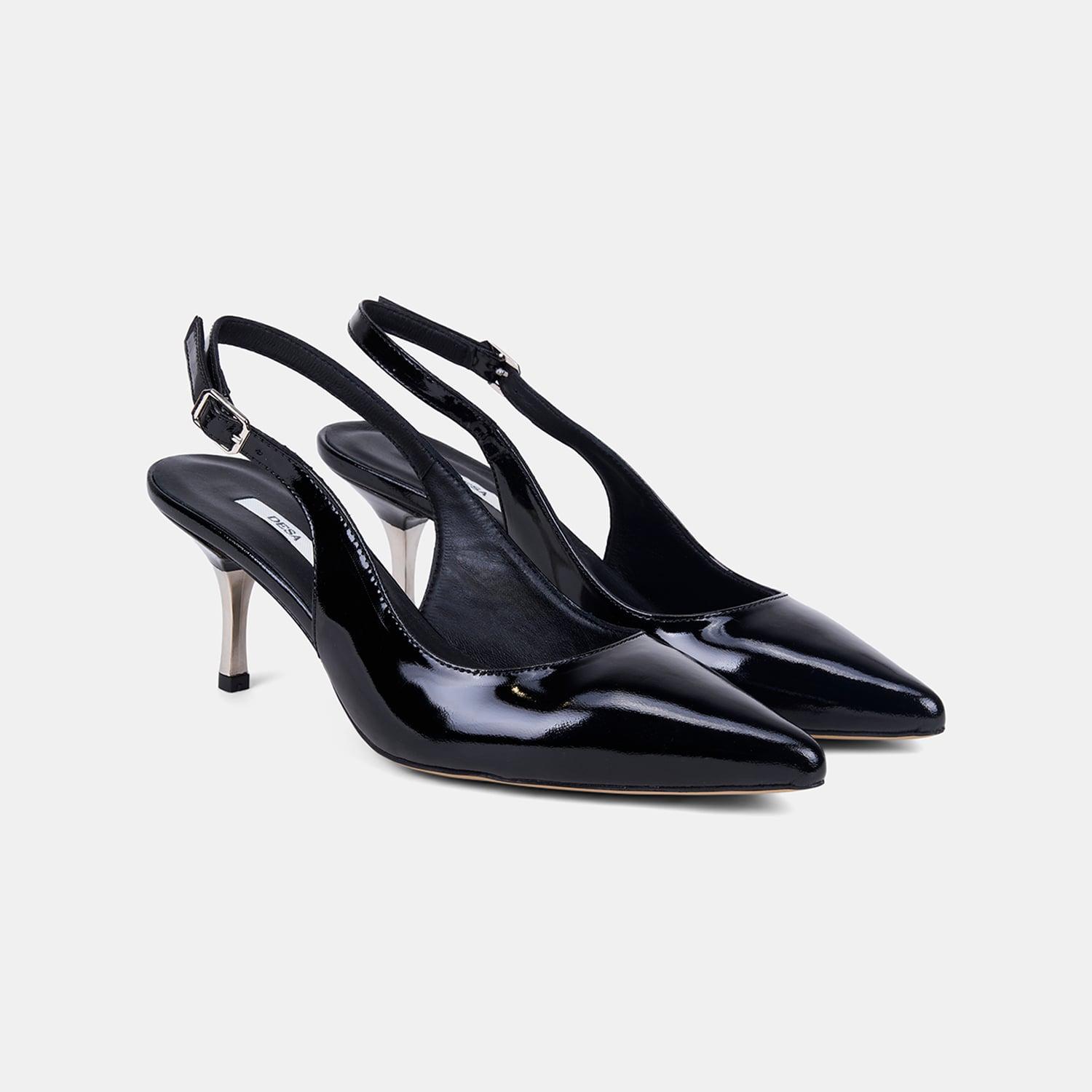 Kadın Siyah Slingback Sivri Burunlu Rugan Deri Stiletto