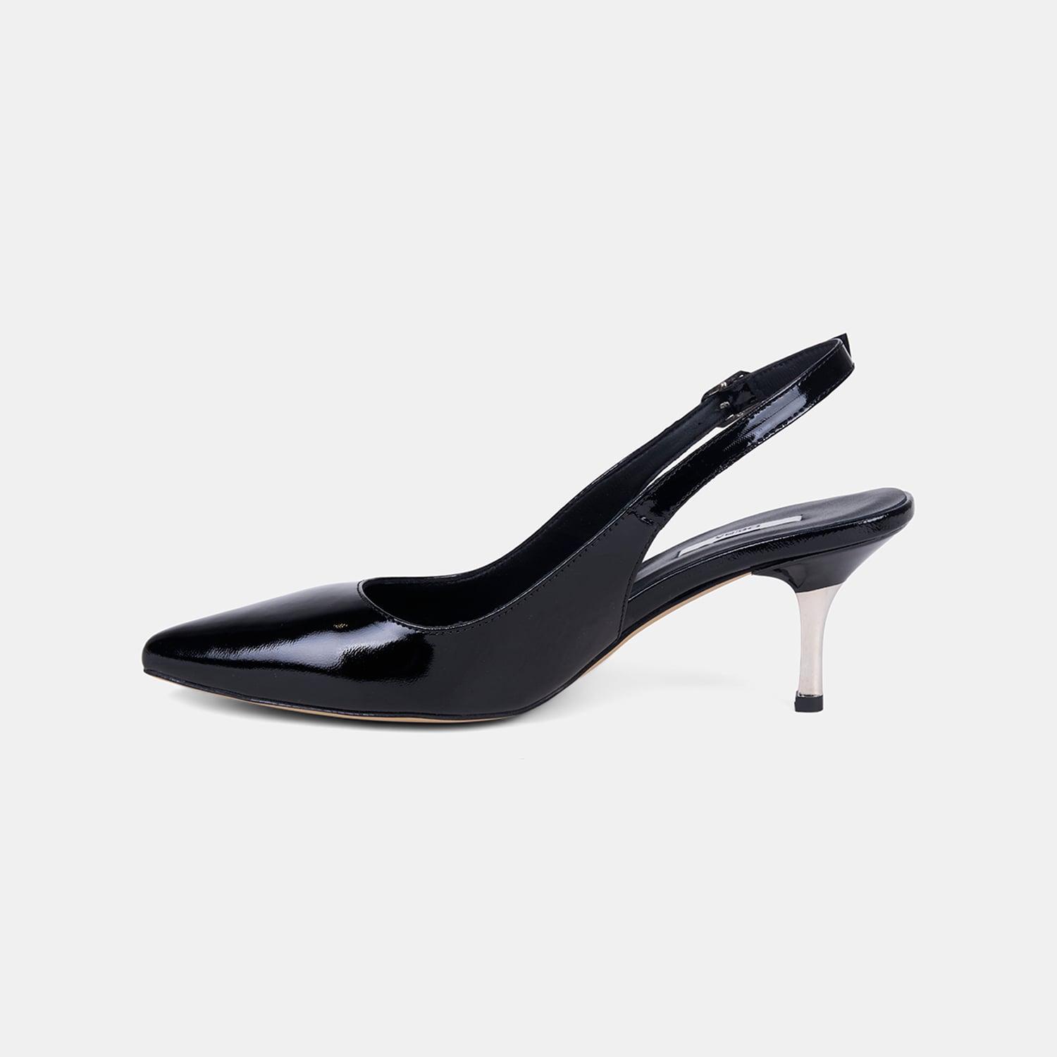 Kadın Siyah Slingback Sivri Burunlu Rugan Deri Stiletto