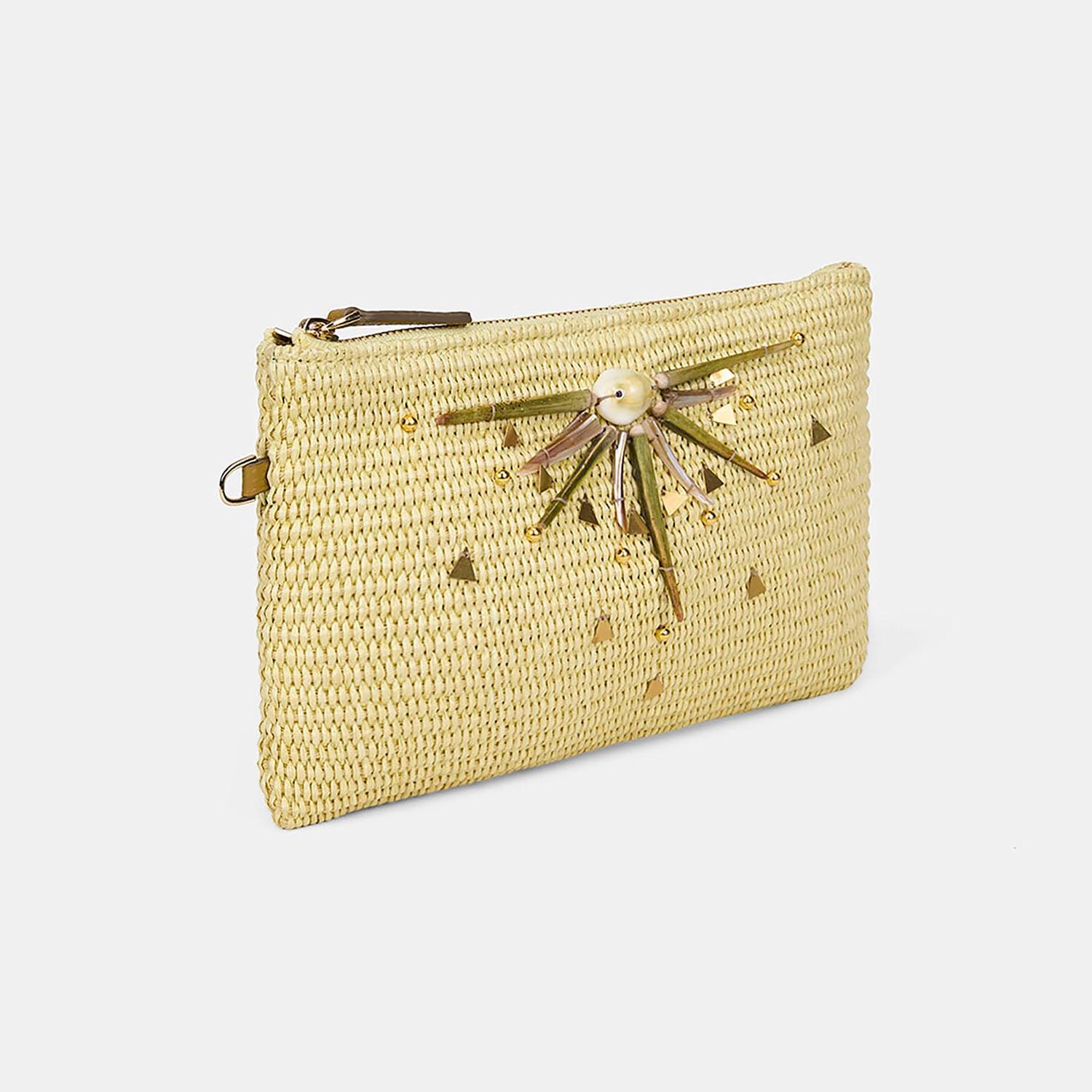 Kadın Sarı Güneş Motifli Hasır Clutch