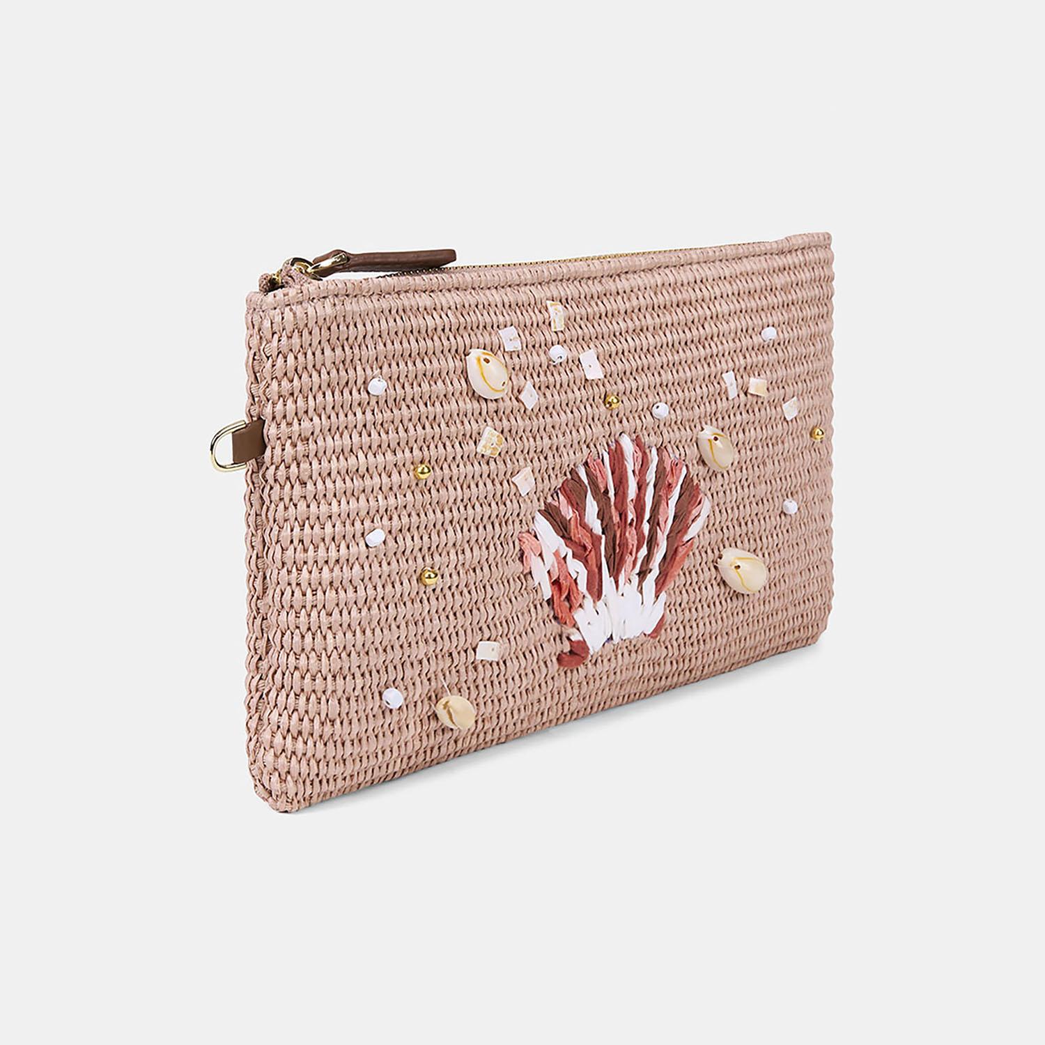 Kadın Somon Deniz Kabuğu Aksesuarlı Hasır Clutch