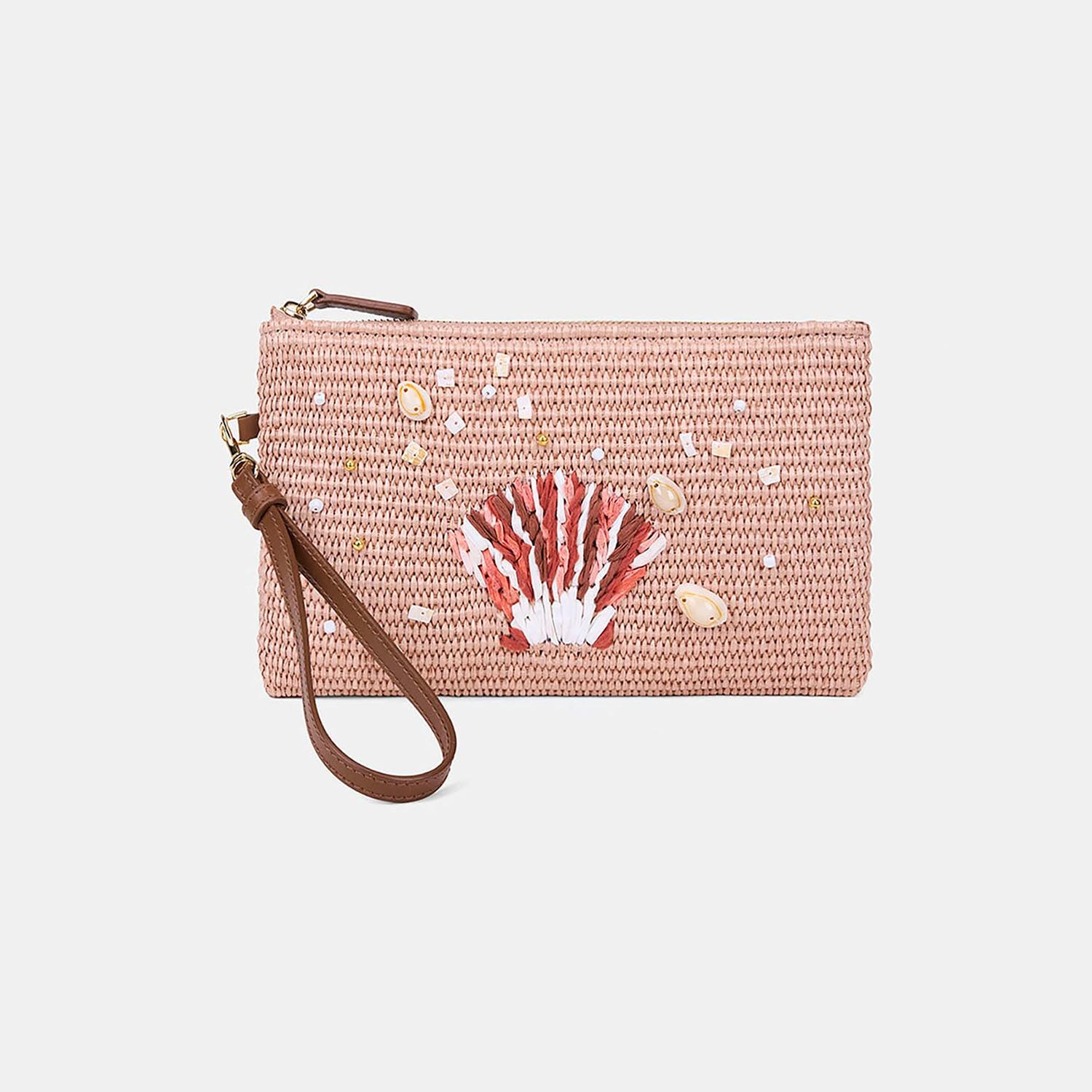 Kadın Somon Deniz Kabuğu Aksesuarlı Hasır Clutch