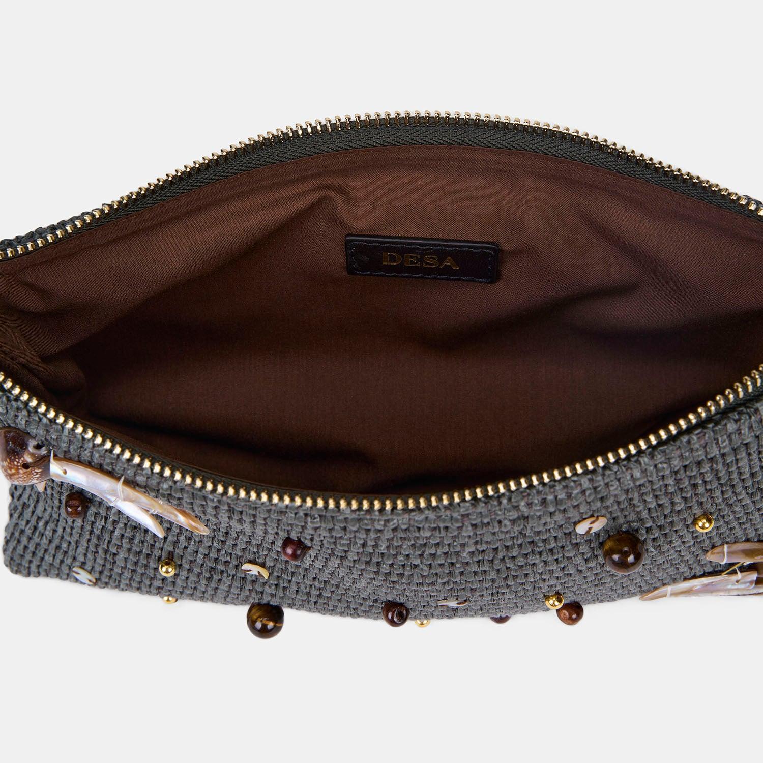 Kadın Yeşil Boncuk İşlemeli Hasır Clutch