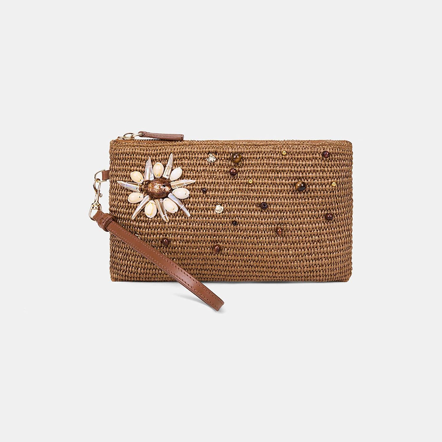 Kadın Taba Deniz Kabuğu Aksesuarlı Hasır Clutch