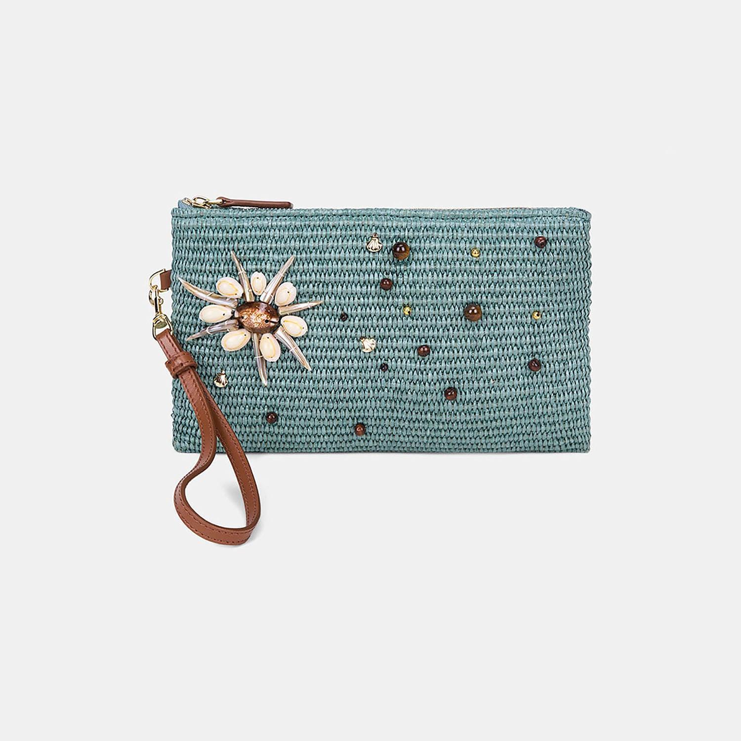 Kadın Yeşil Deniz Kabuğu Aksesuarlı Hasır Clutch