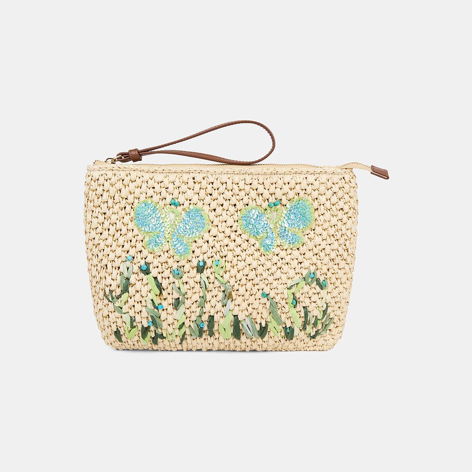 Kadın Kelebek Detaylı Hasır Clutch Çanta