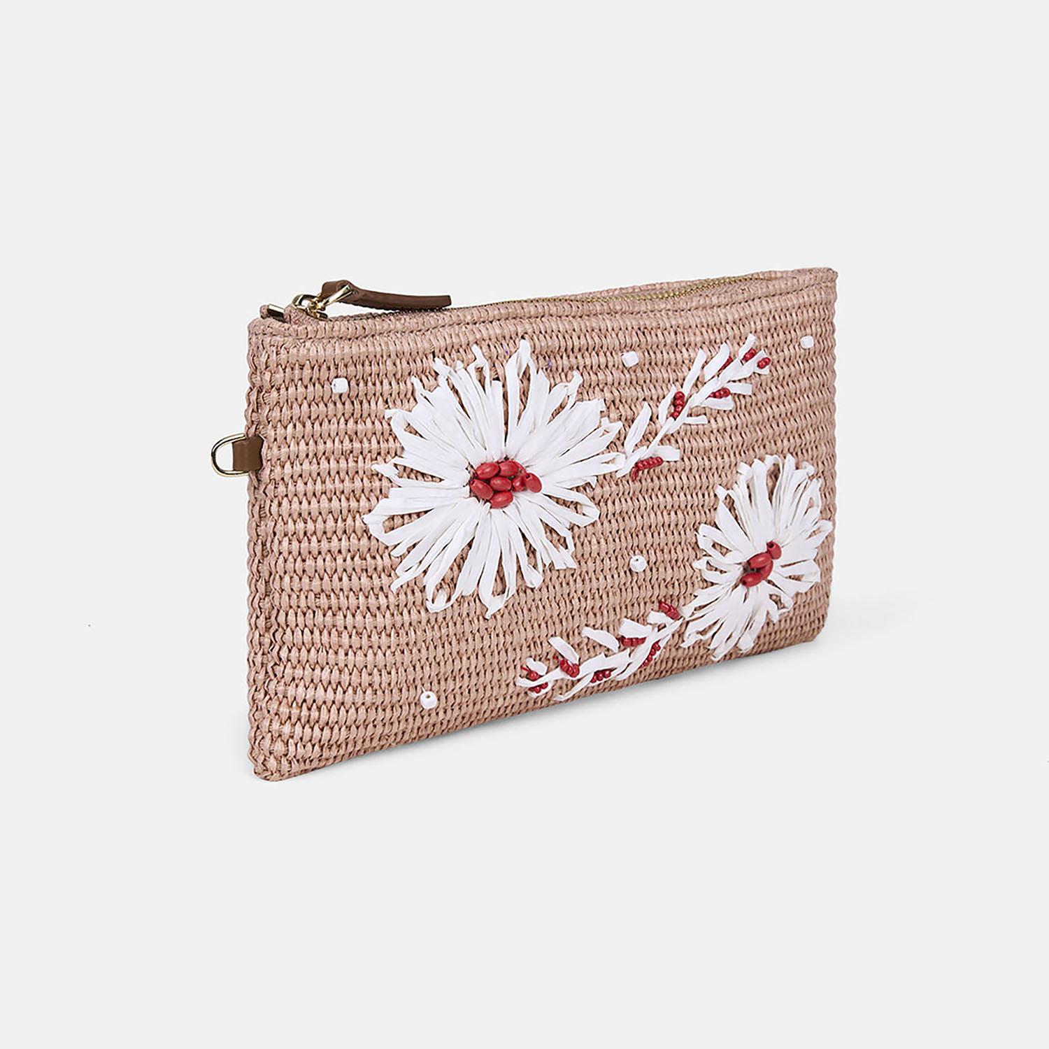 Kadın Somon Çiçek Motifli Boncuklu Hasır Clutch