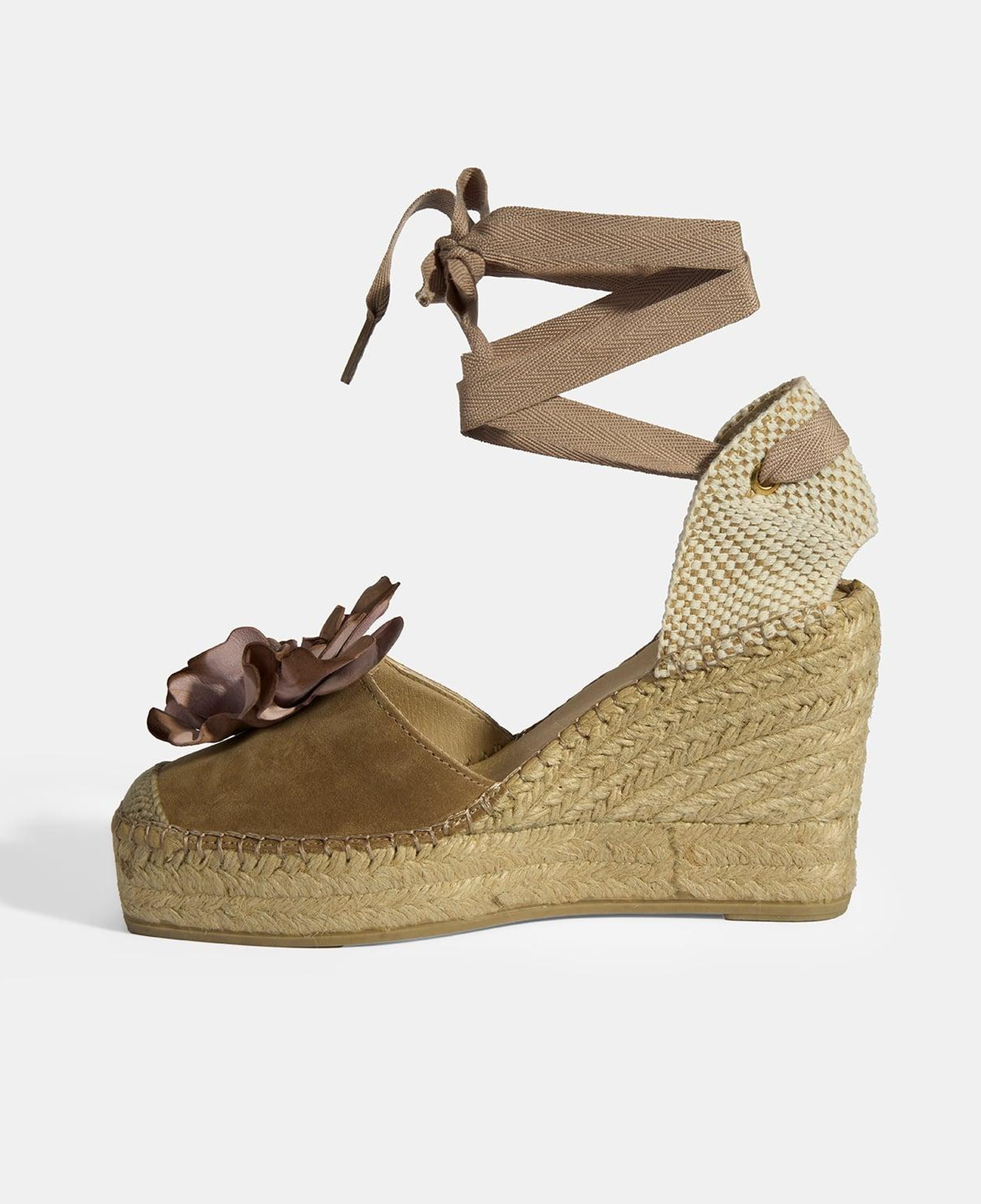 Limited Edition Bej Kadın Çiçek Aksesuarlı Jüt Bağcıklı Dolgu Topuklu Süet Espadril