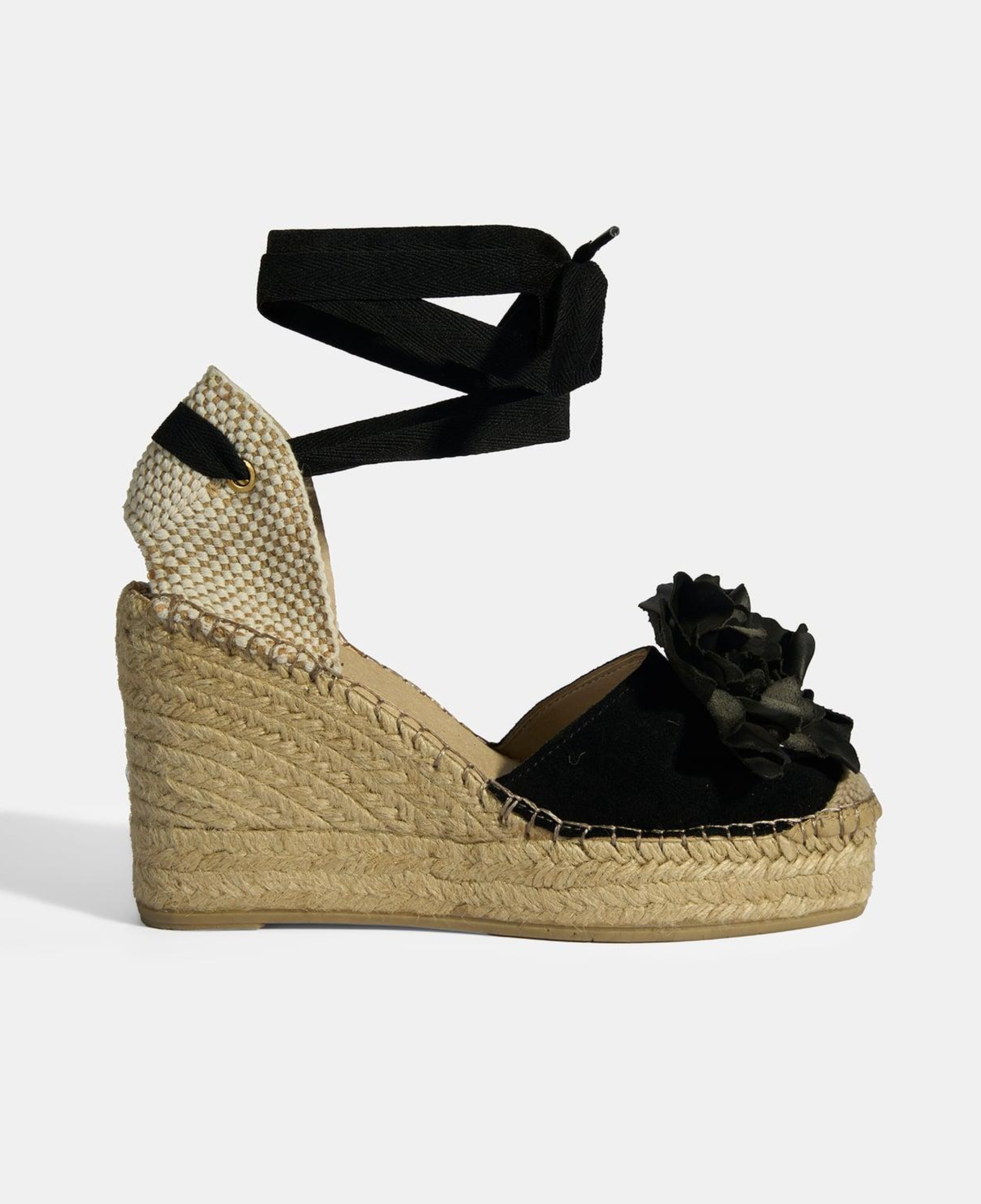 Limited Edition Siyah Kadın Çiçek Aksesuarlı Jüt Bağcıklı Dolgu Topuklu Süet Espadril
