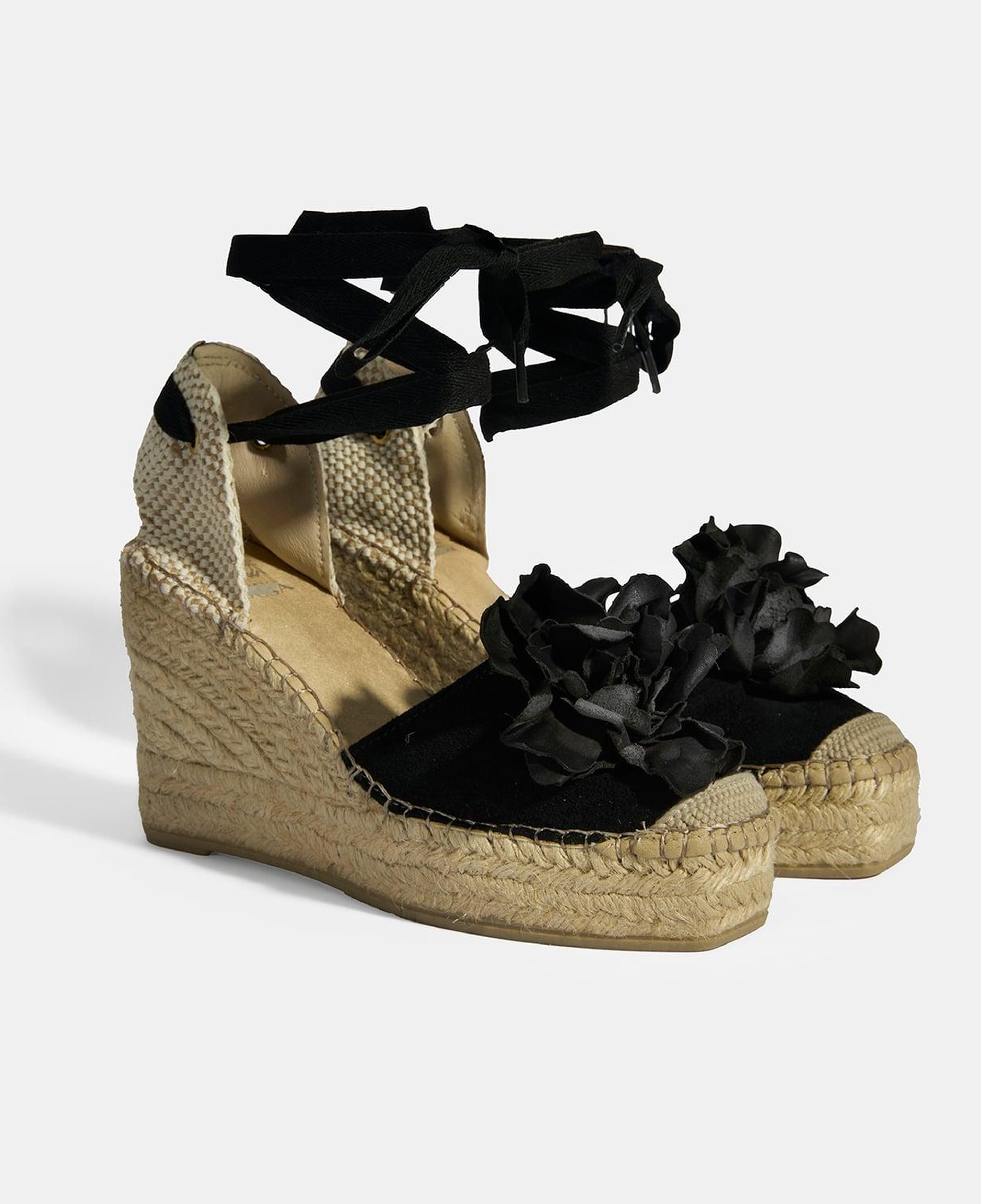 Limited Edition Siyah Kadın Çiçek Aksesuarlı Jüt Bağcıklı Dolgu Topuklu Süet Espadril