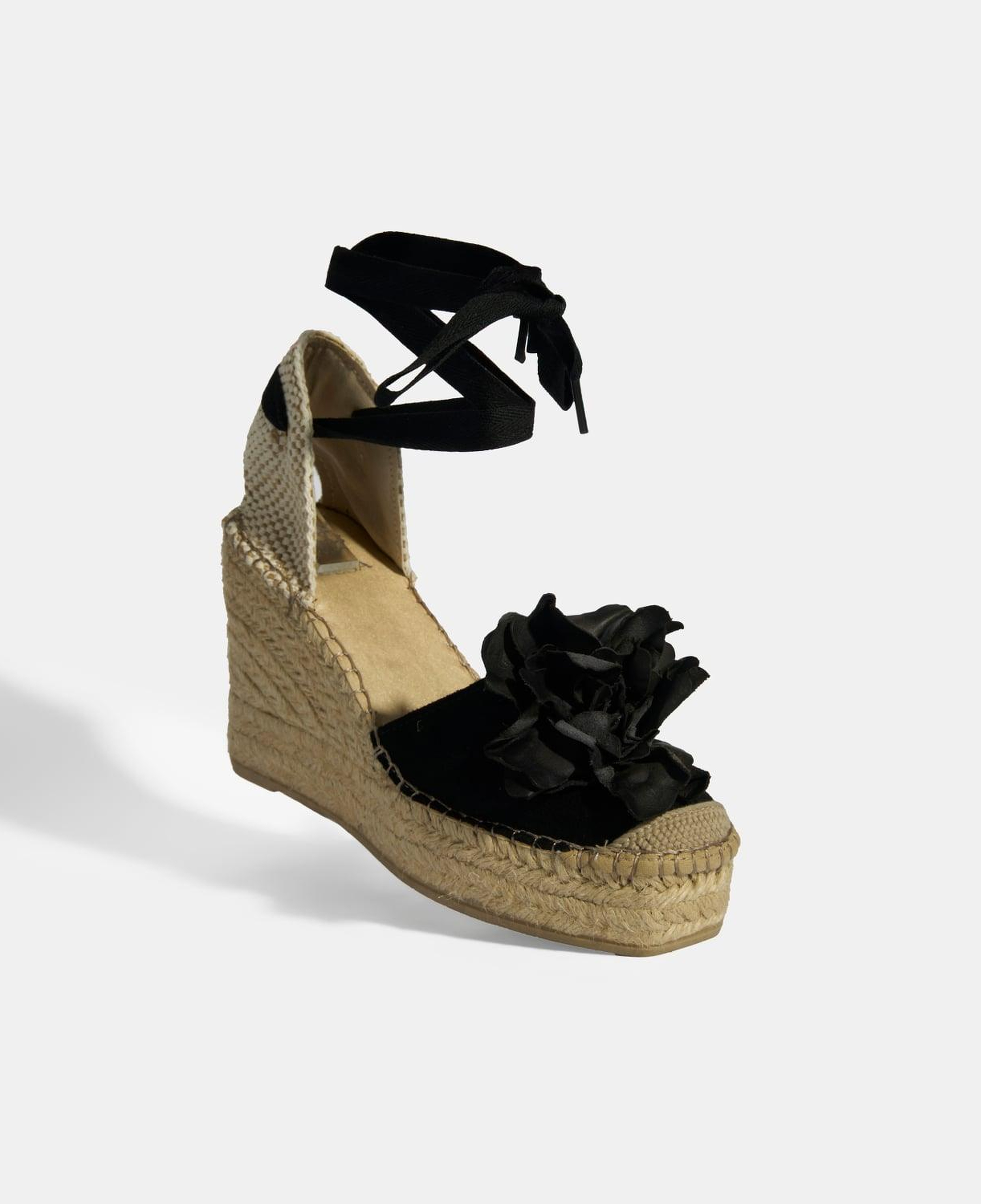 Limited Edition Siyah Kadın Çiçek Aksesuarlı Jüt Bağcıklı Dolgu Topuklu Süet Espadril