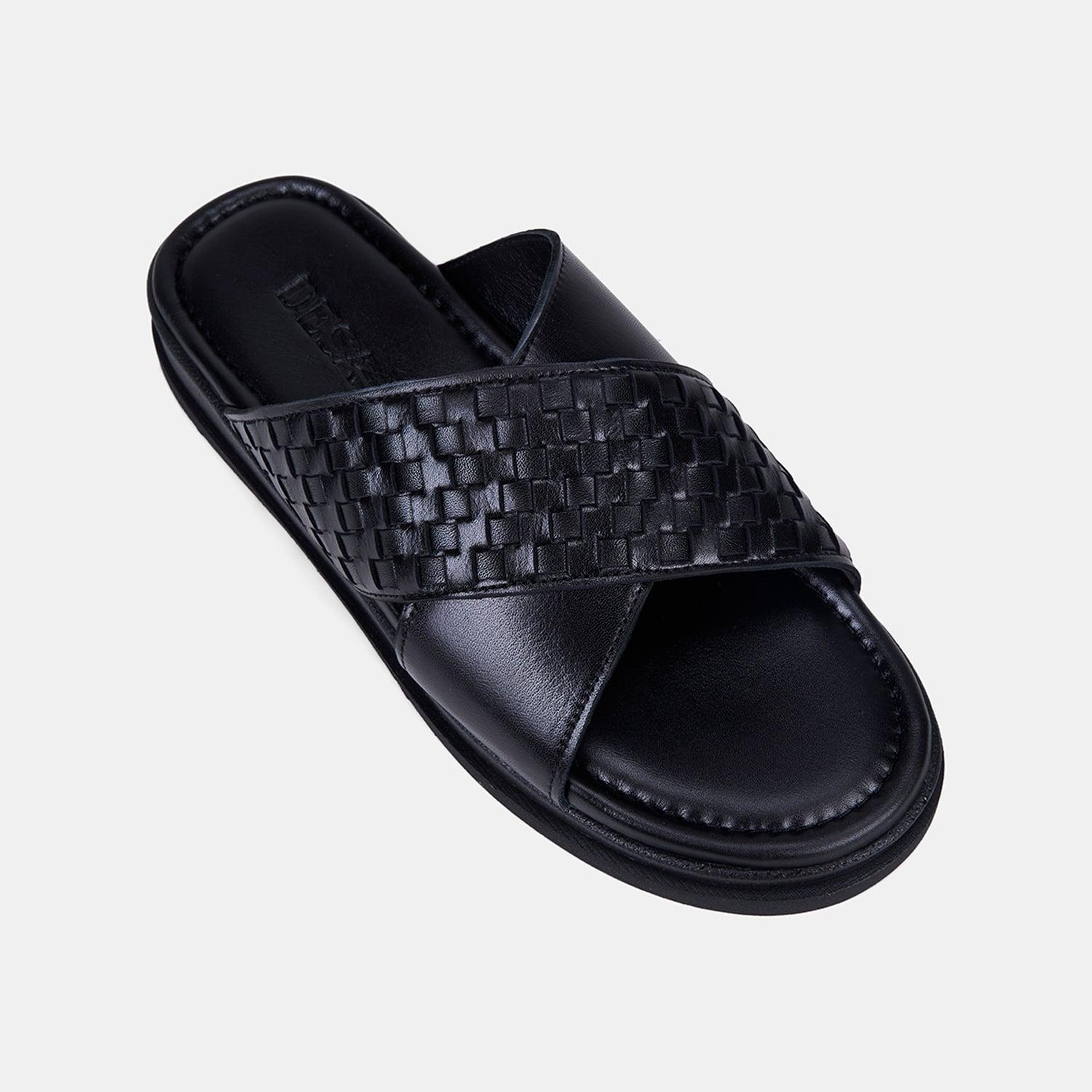 Erkek Siyah Çapraz Bantlı Baskılı Deri Terlik