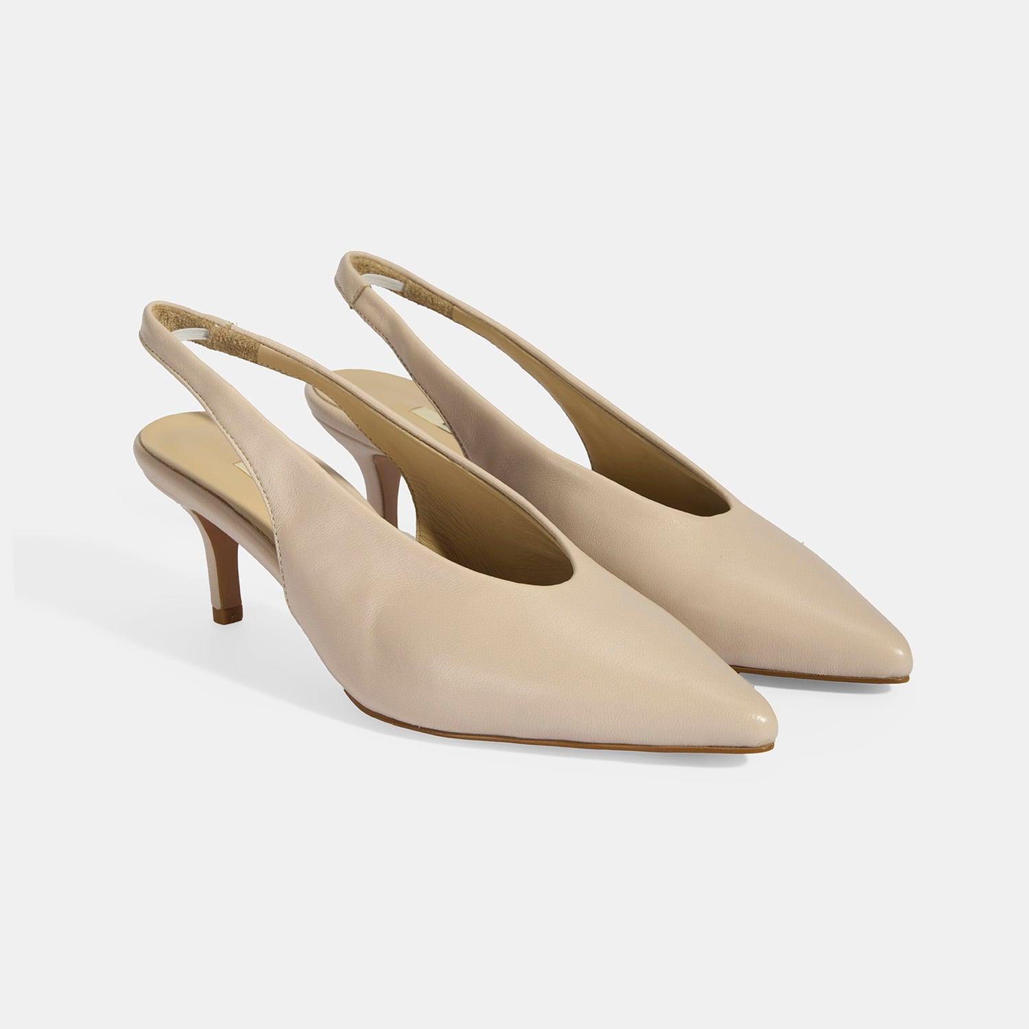 Kadın Krem Slingback Deri Topuklu Ayakkabı