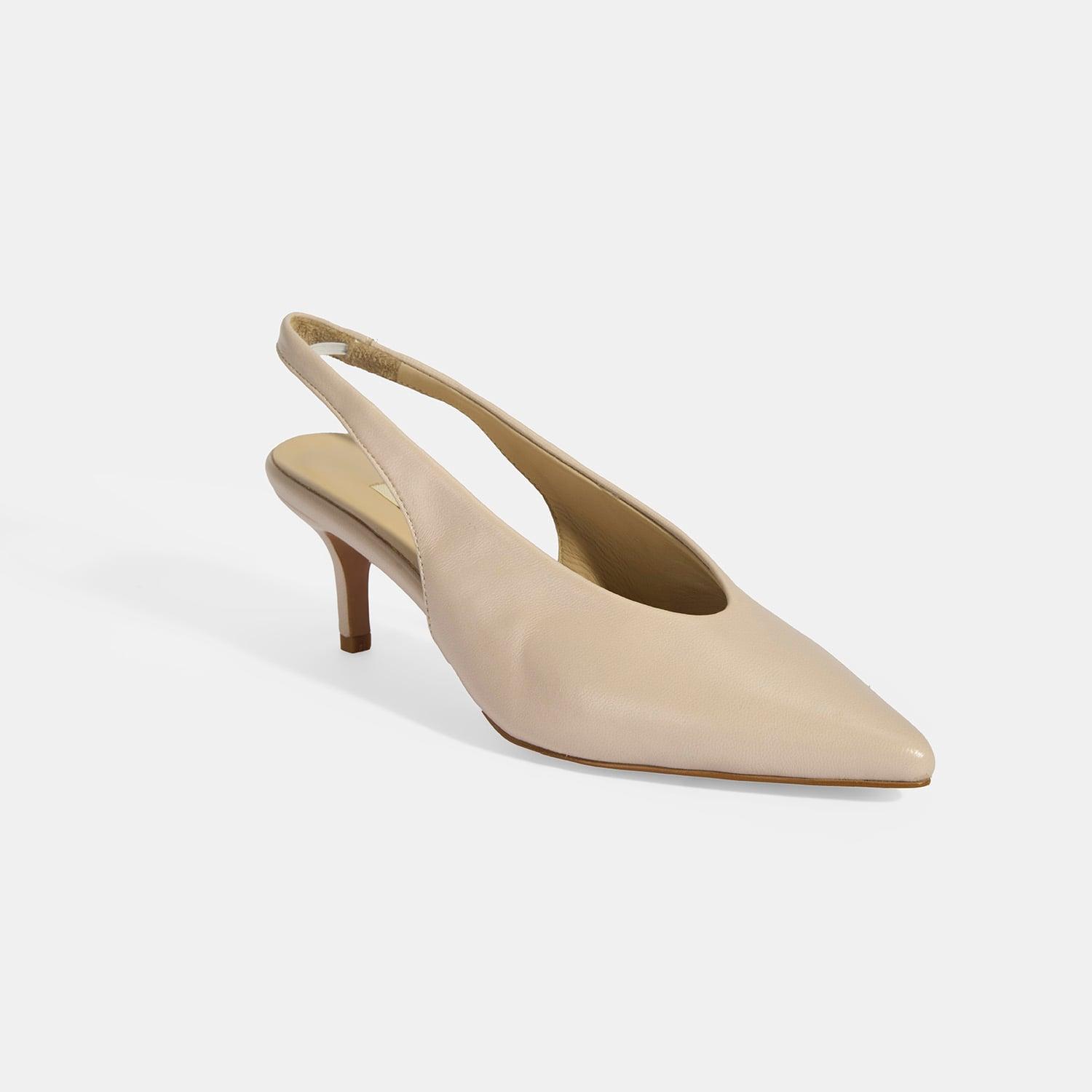 Kadın Krem Slingback Deri Topuklu Ayakkabı
