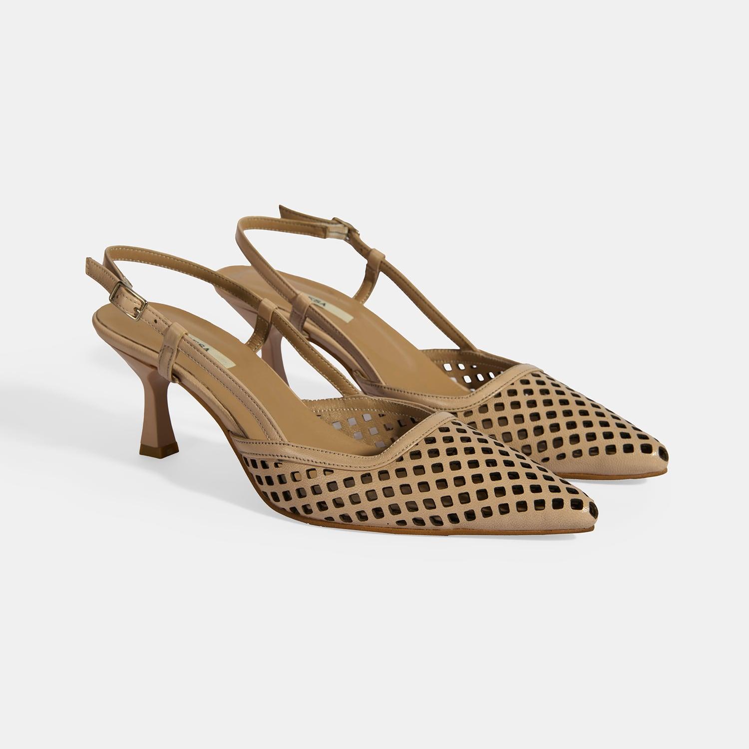 Ten Kadın Perforeli Slingback Deri Topuklu Ayakkabı