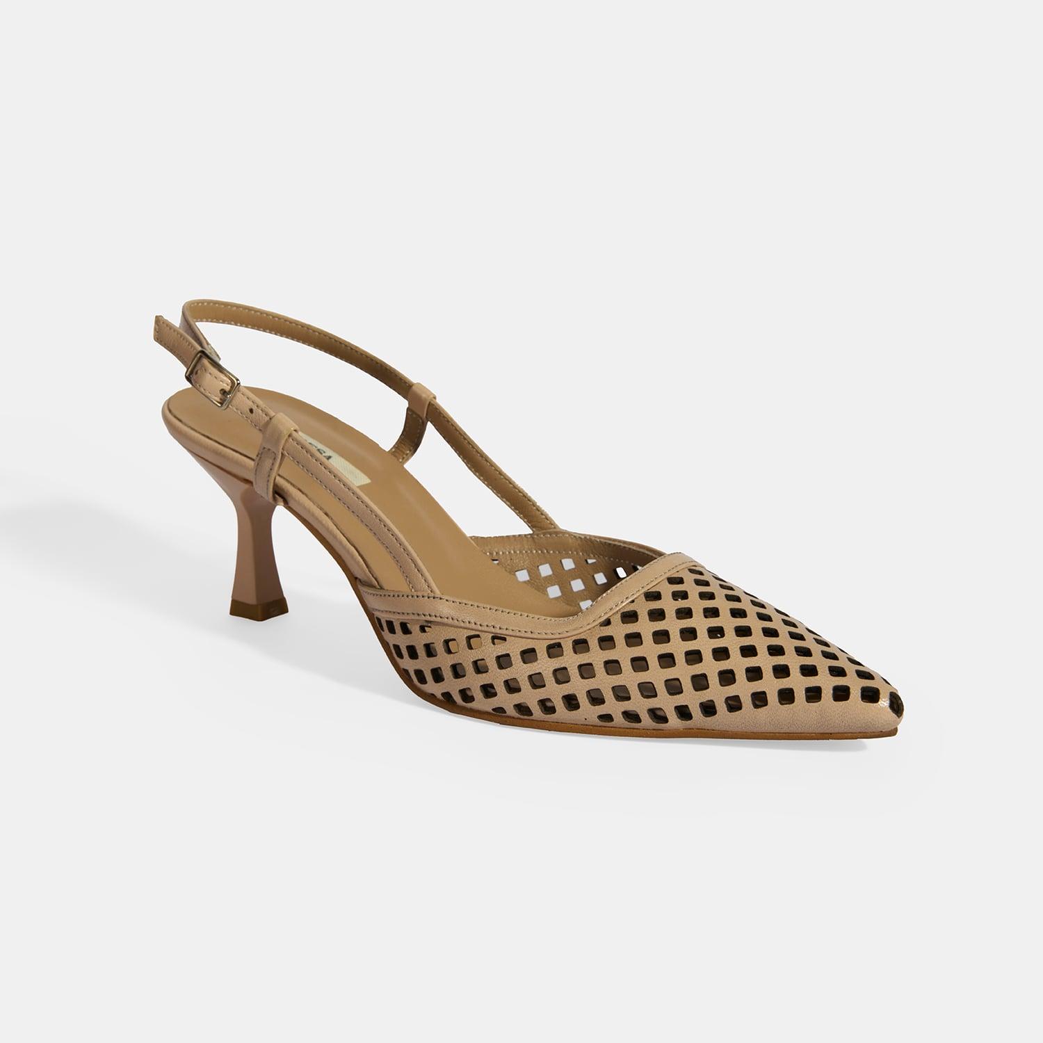 Ten Kadın Perforeli Slingback Deri Topuklu Ayakkabı