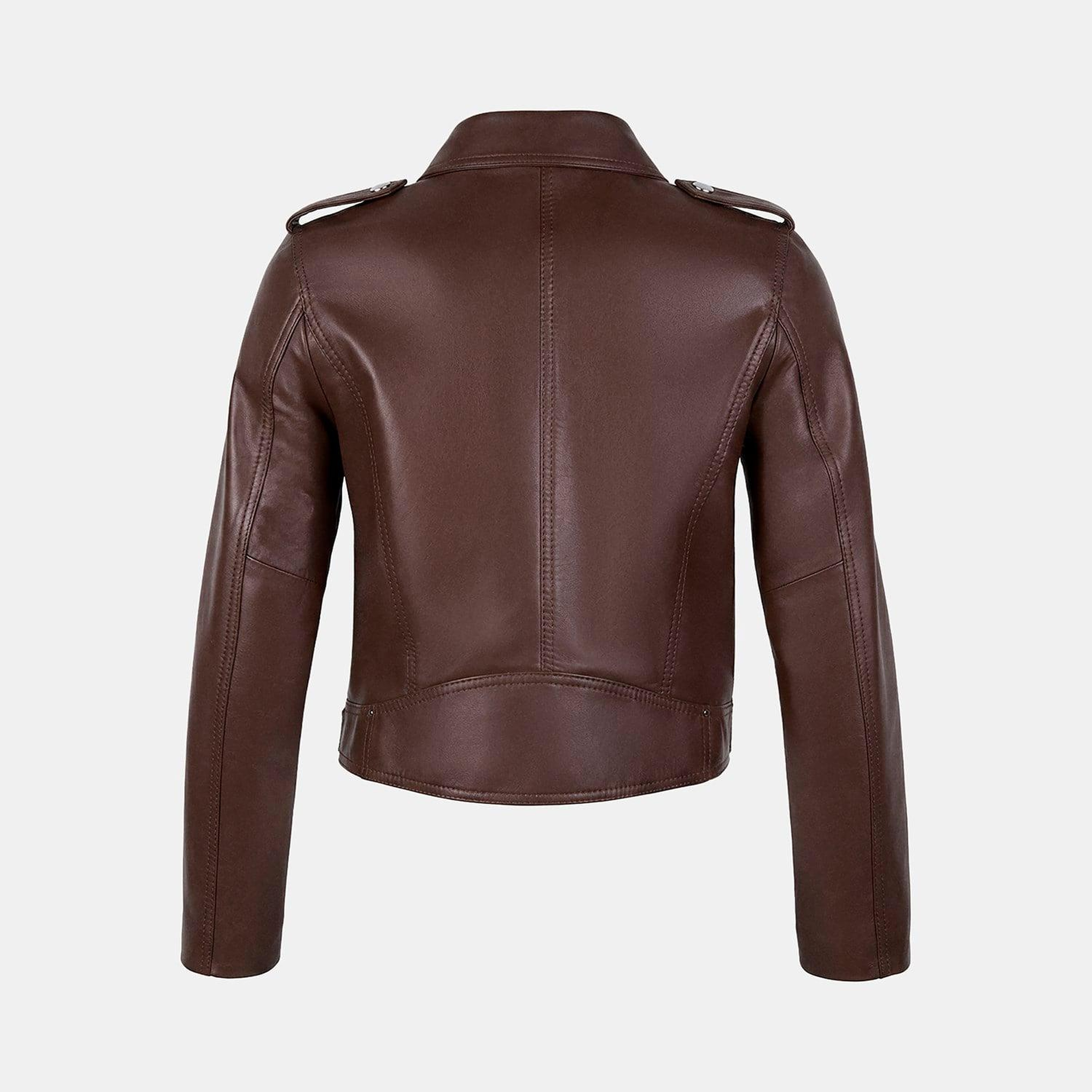 Kadın Kahve Yakalı Deri Biker Ceket