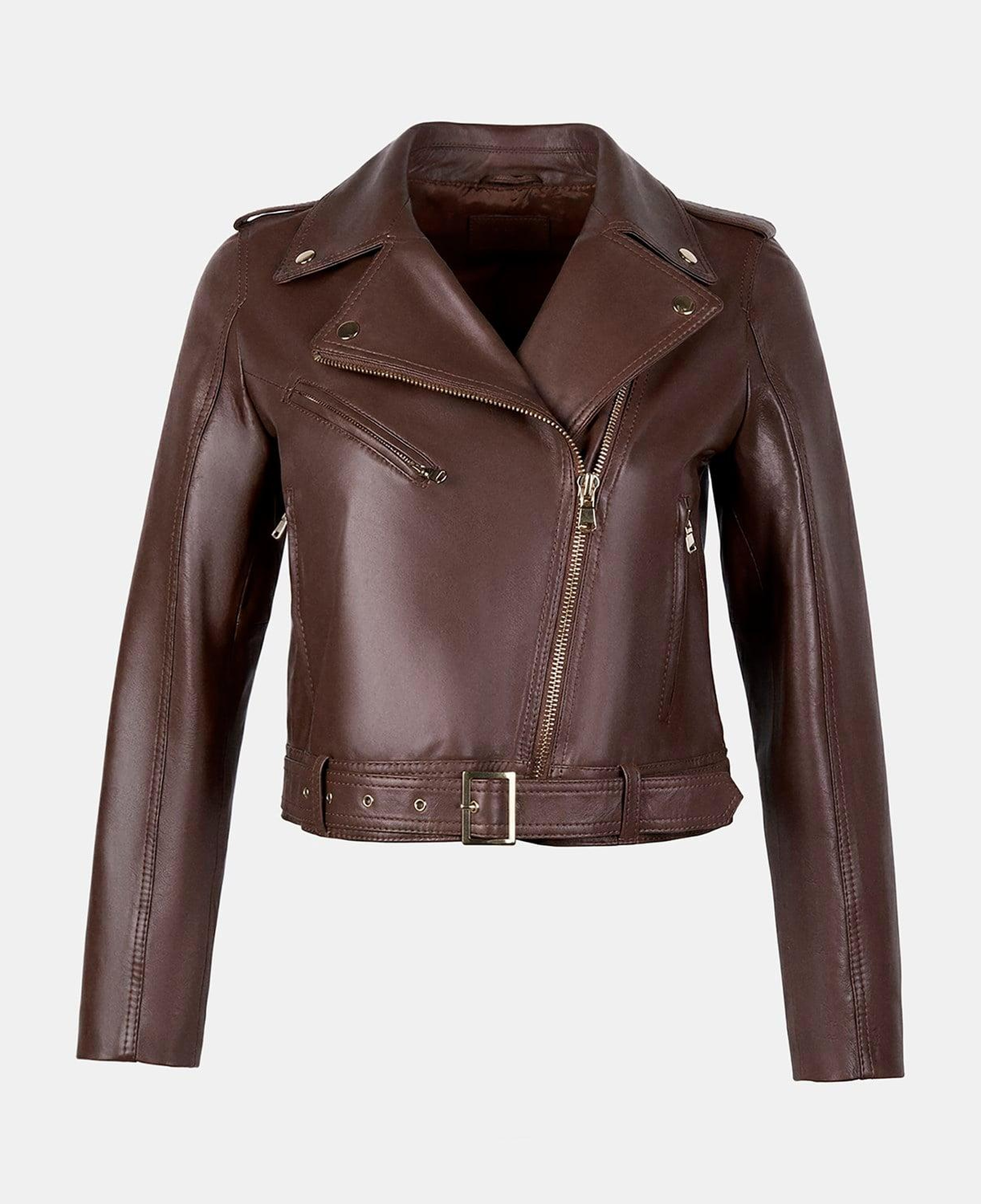 Kadın Kahve Yakalı Deri Biker Ceket