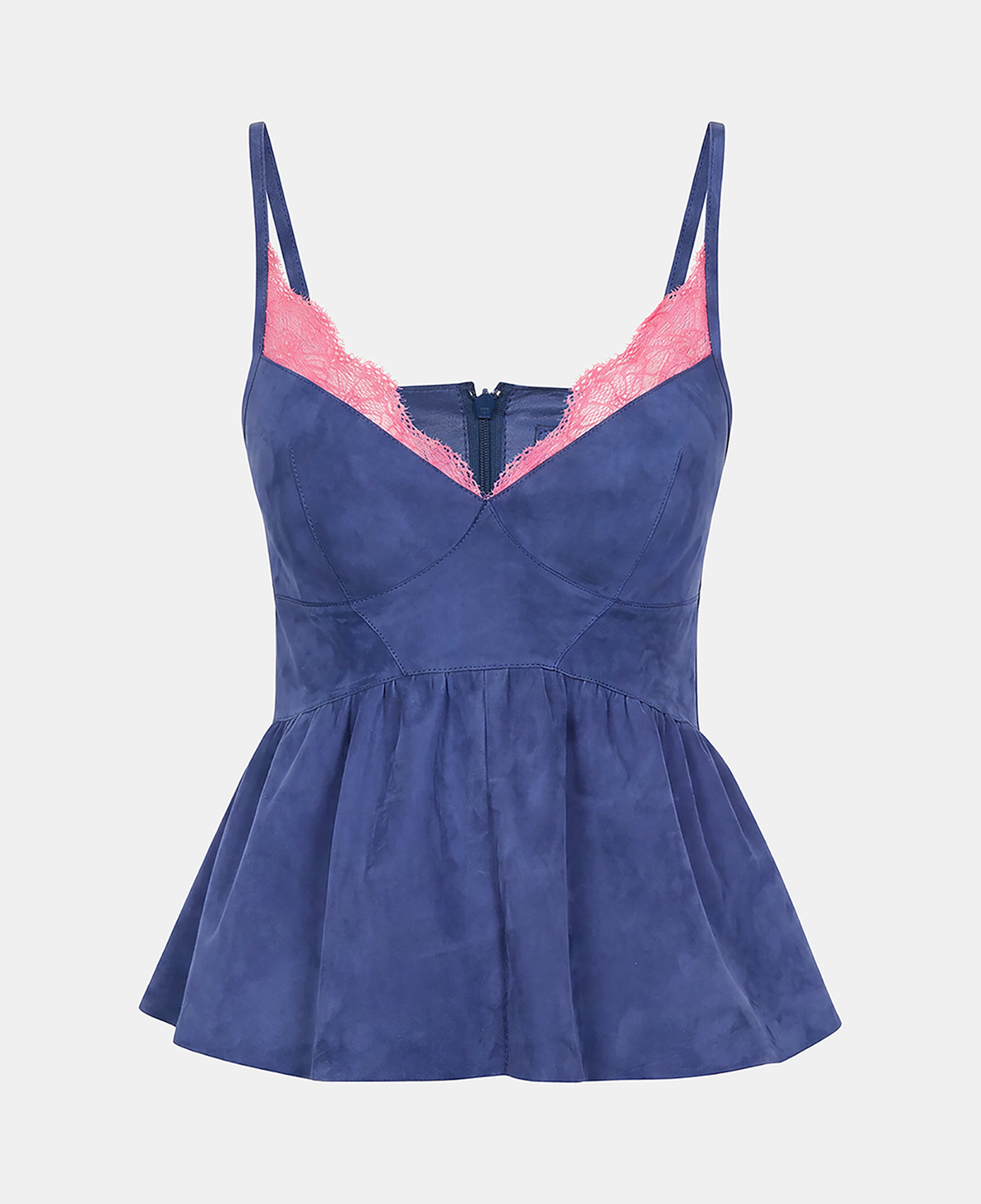 Kadın Mavi V Yakalı Dantel Detaylı Askılı Süet Peplum Bluz