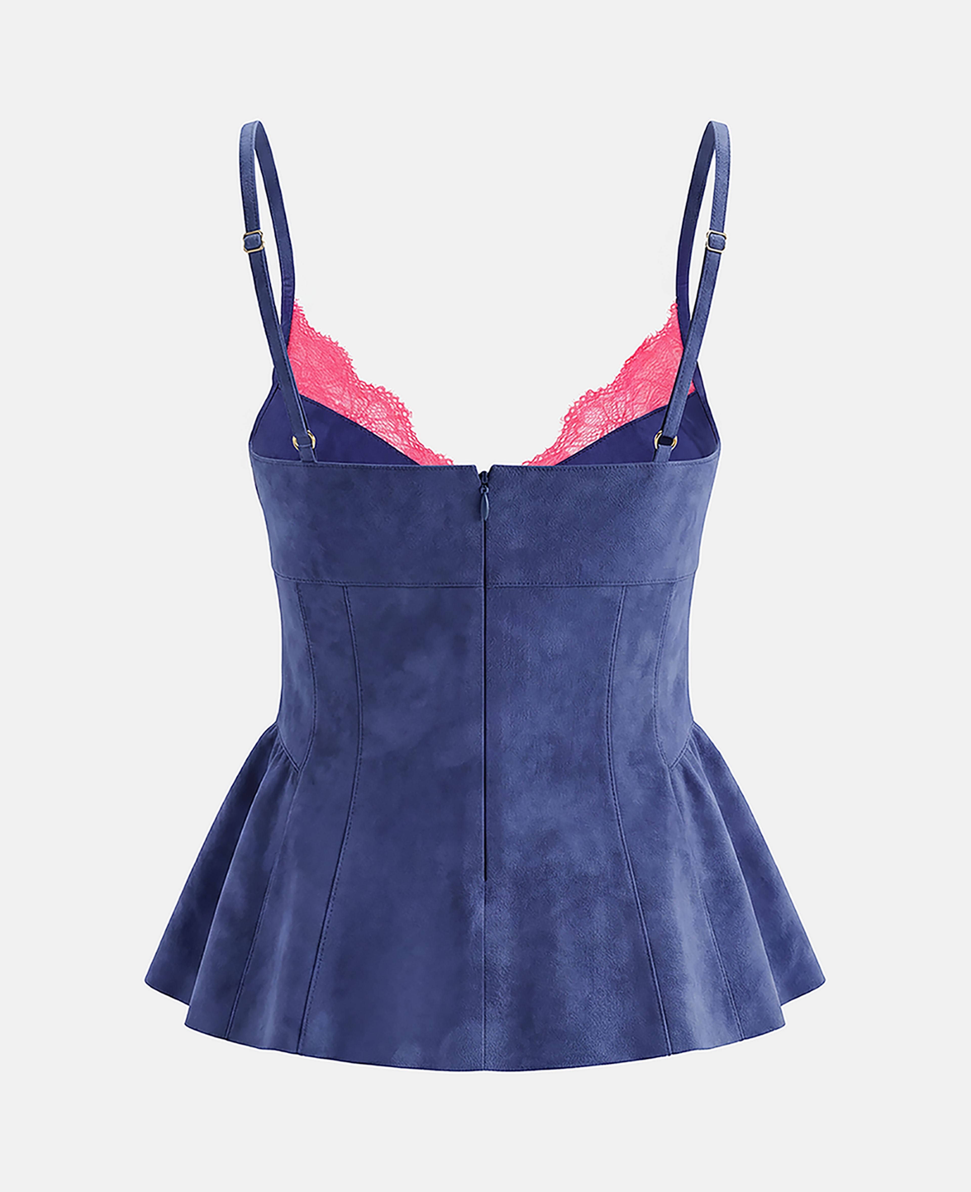 Kadın Mavi V Yakalı Dantel Detaylı Askılı Süet Peplum Bluz