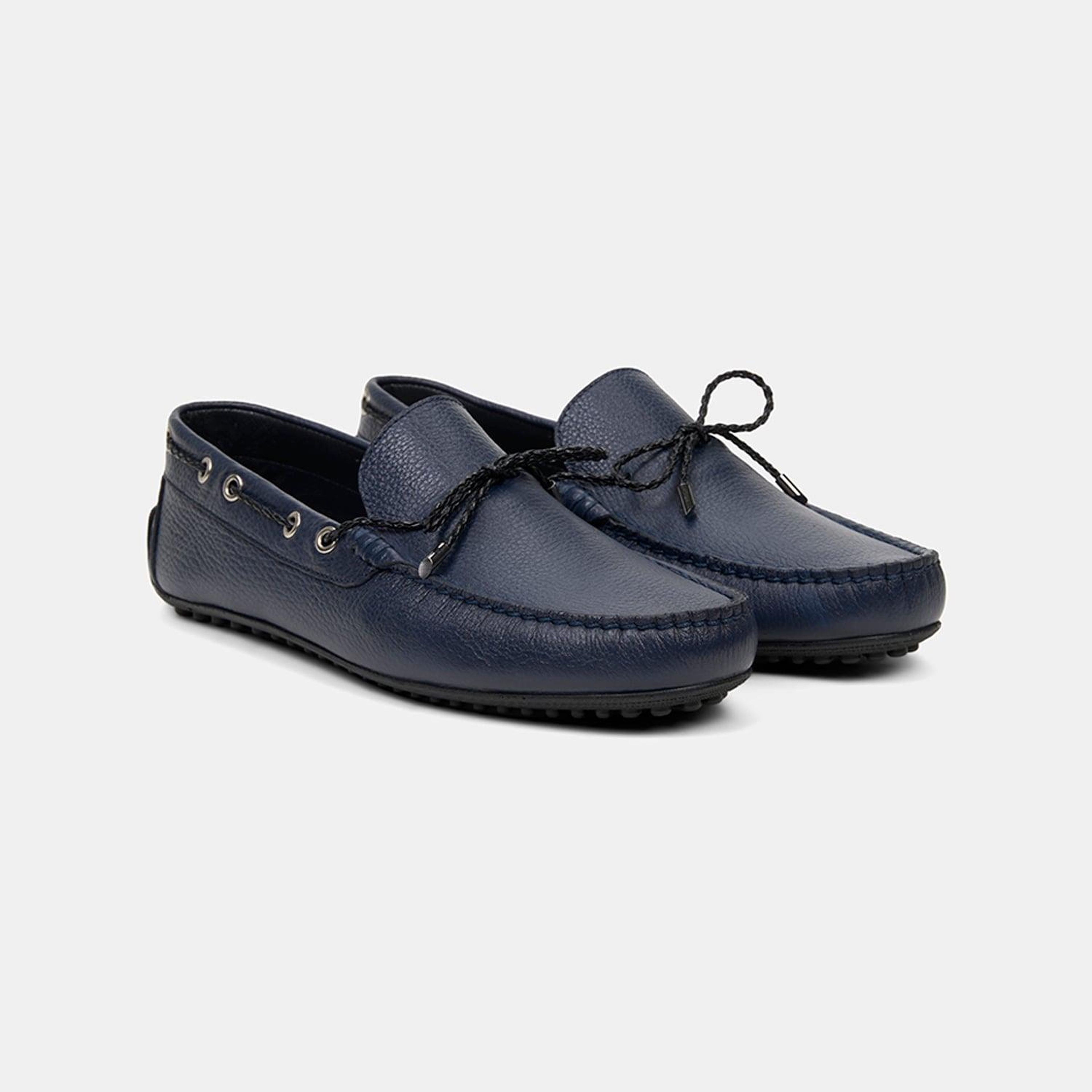 Erkek Lacivert Zımba Detaylı İpli Deri Loafer