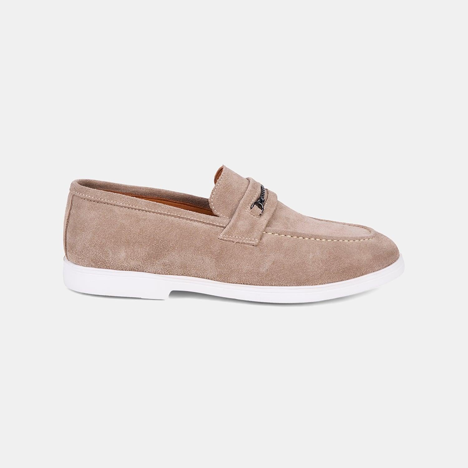 Erkek Bej Metal Aksesuarlı Süet Loafer
