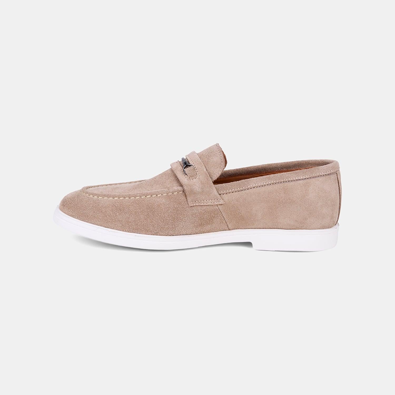 Erkek Bej Metal Aksesuarlı Süet Loafer