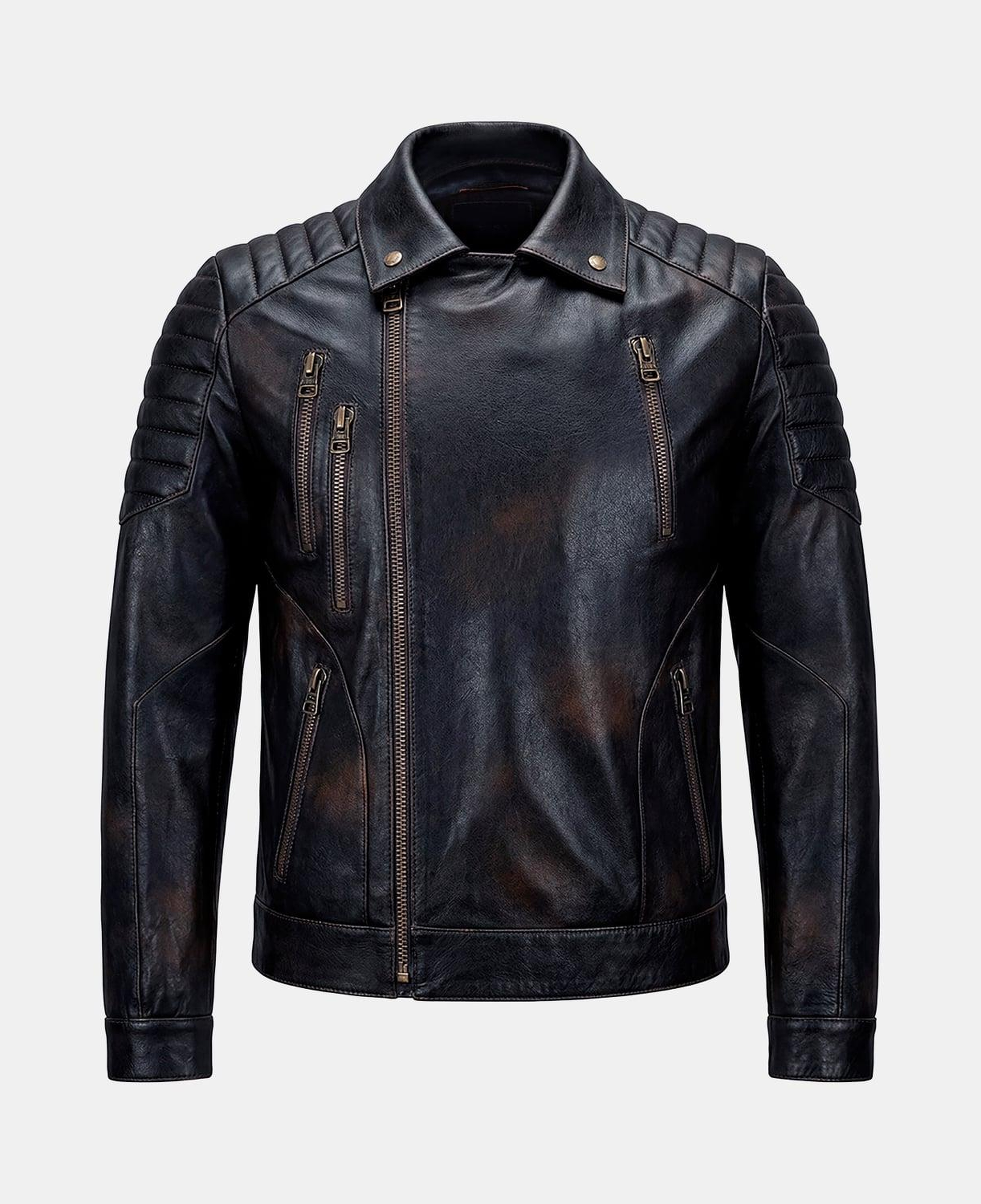Erkek Siyah Gömlek Yakalı Vintage Biker Deri Ceket