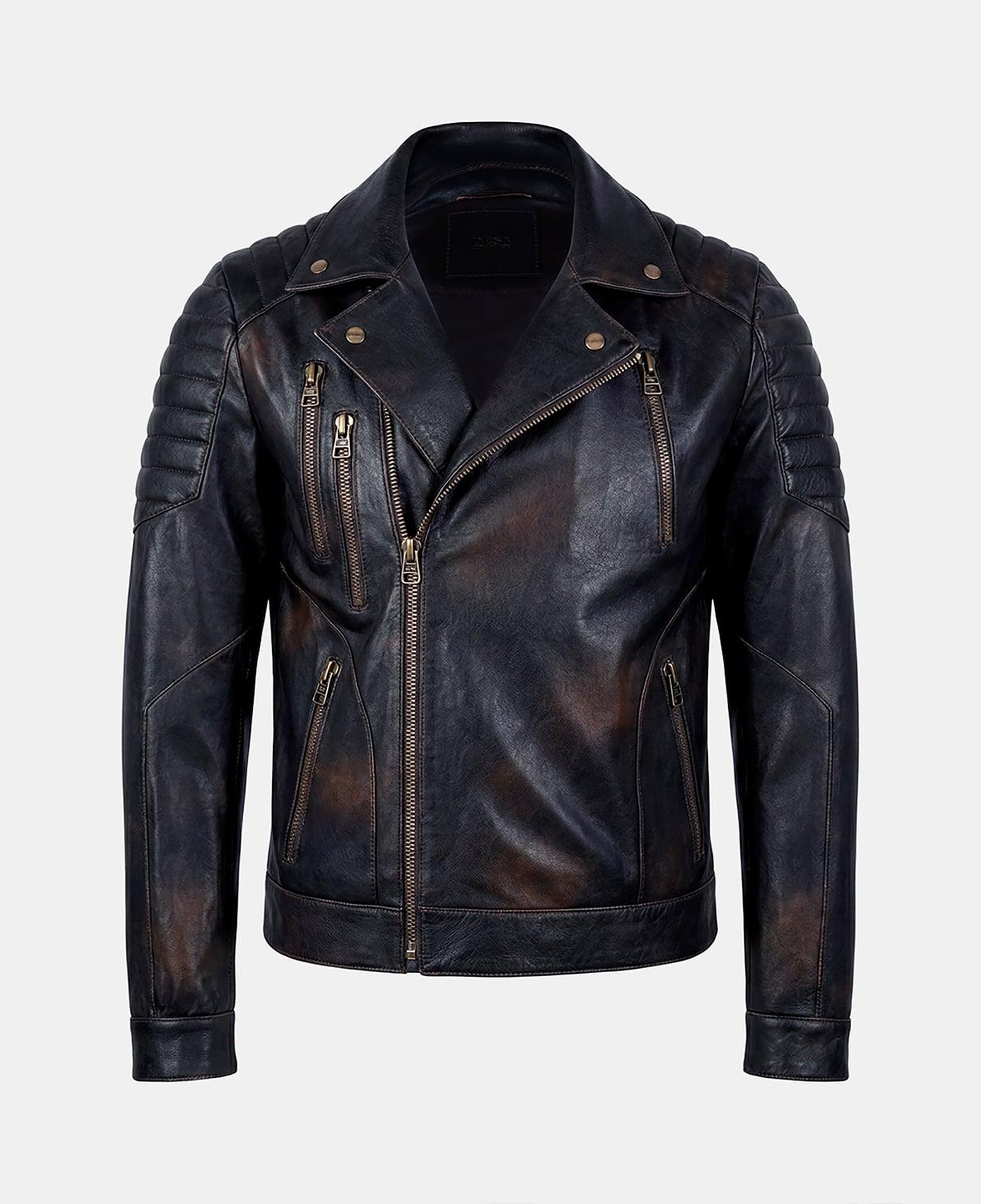 Erkek Siyah Gömlek Yakalı Vintage Biker Deri Ceket
