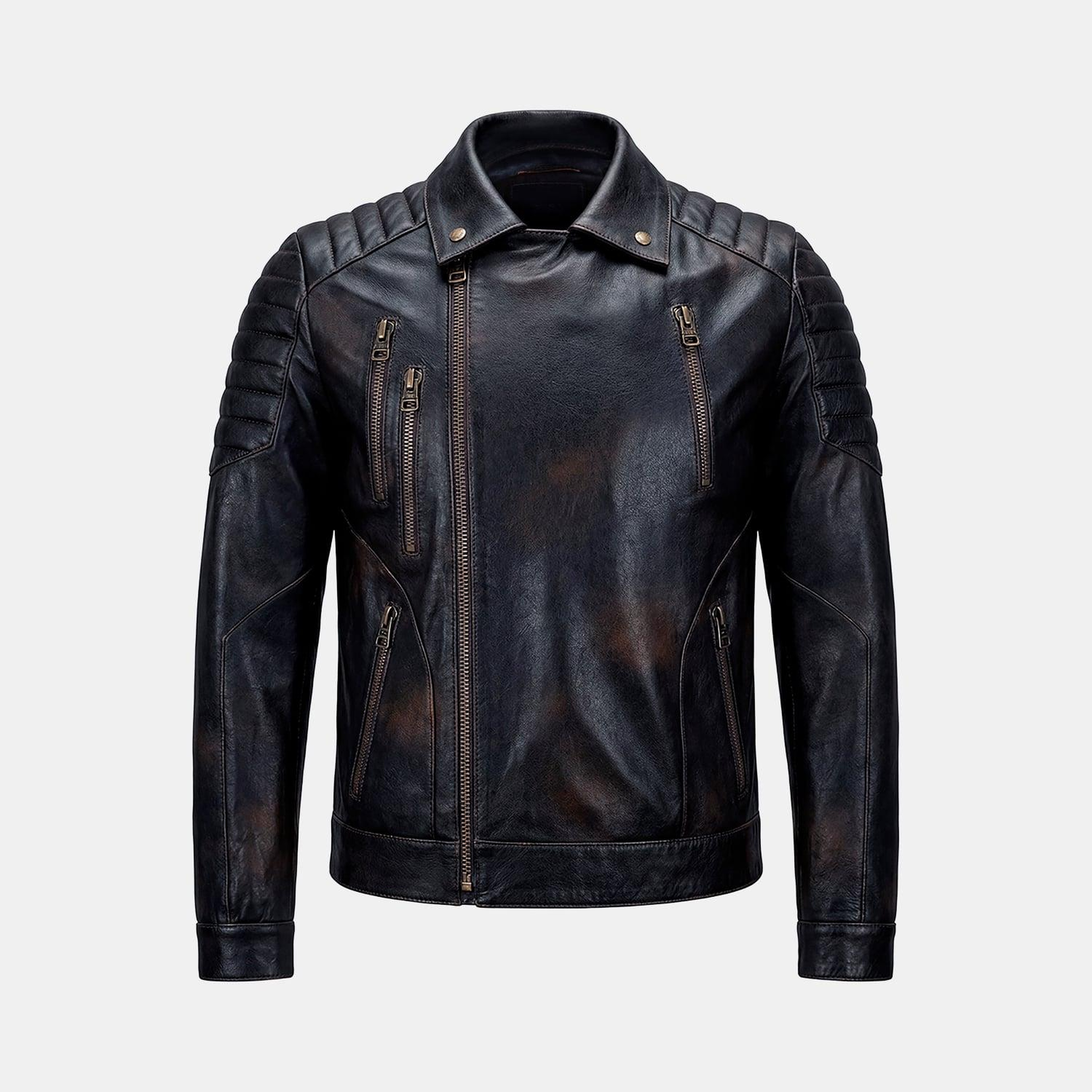 Erkek Siyah Gömlek Yakalı Vintage Biker Deri Ceket