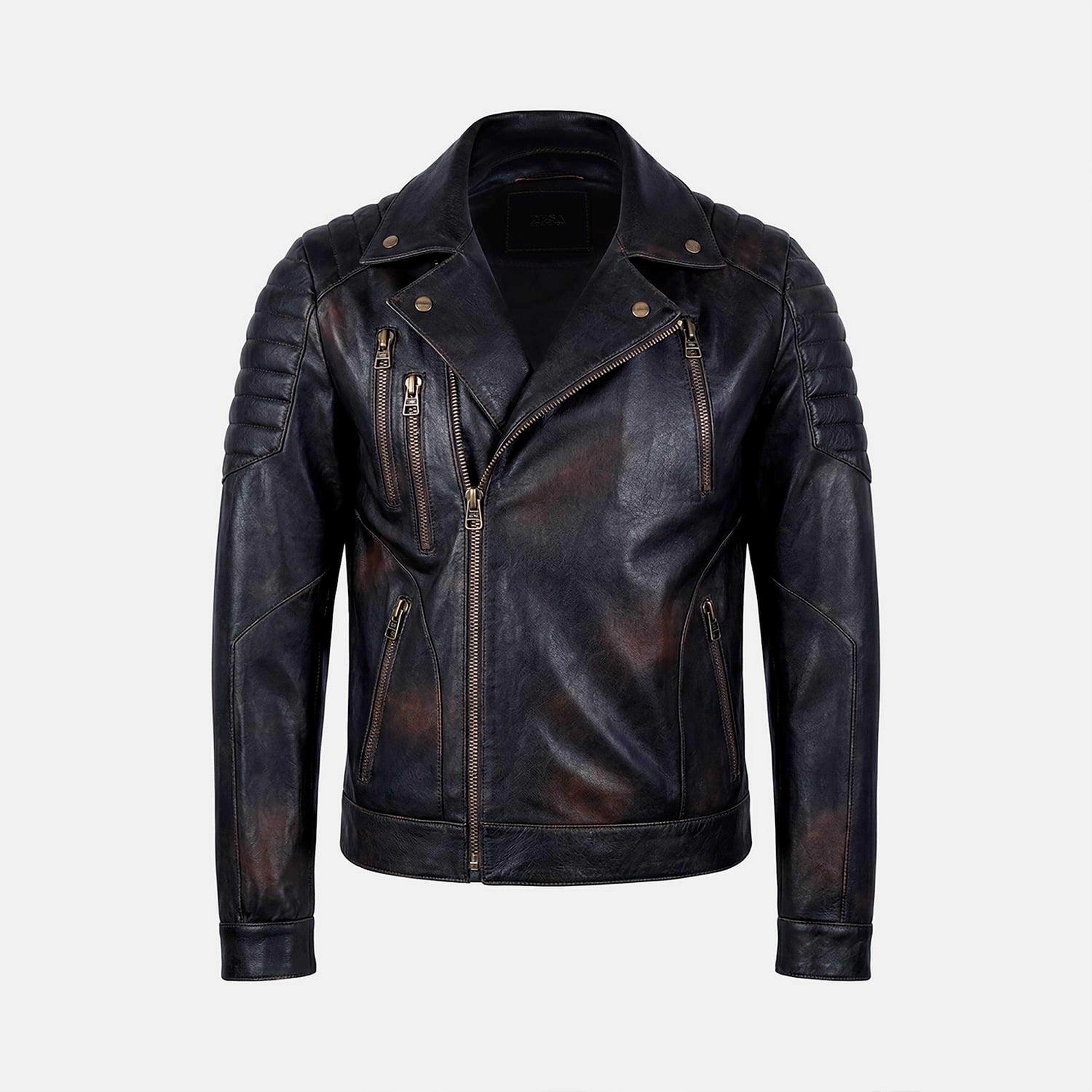 Erkek Siyah Gömlek Yakalı Vintage Biker Deri Ceket