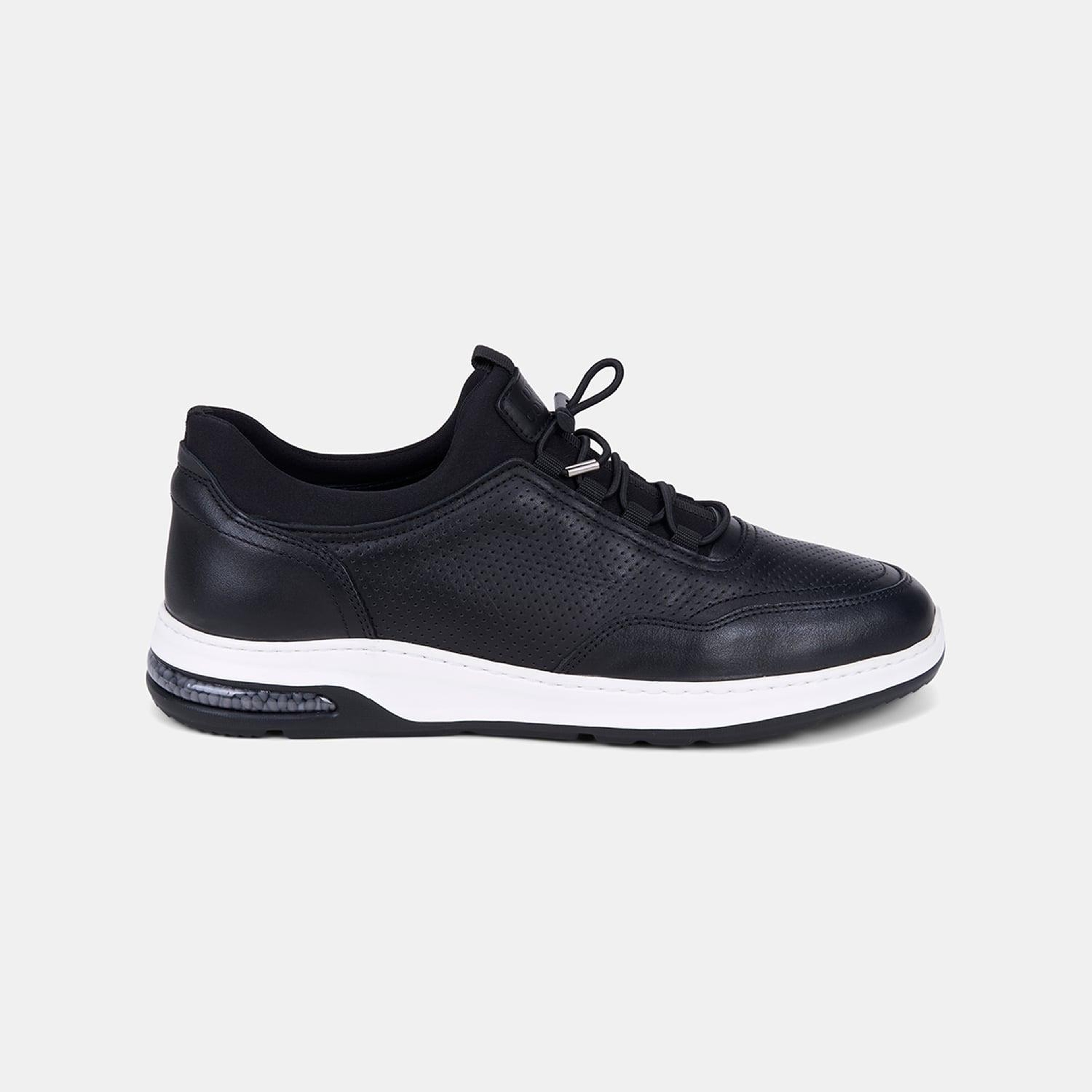 Erkek Siyah DesaComfort Lastik Bağcıklı Deri Sneaker