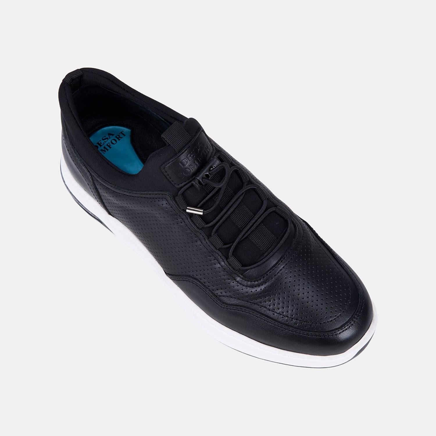Erkek Siyah DesaComfort Lastik Bağcıklı Deri Sneaker